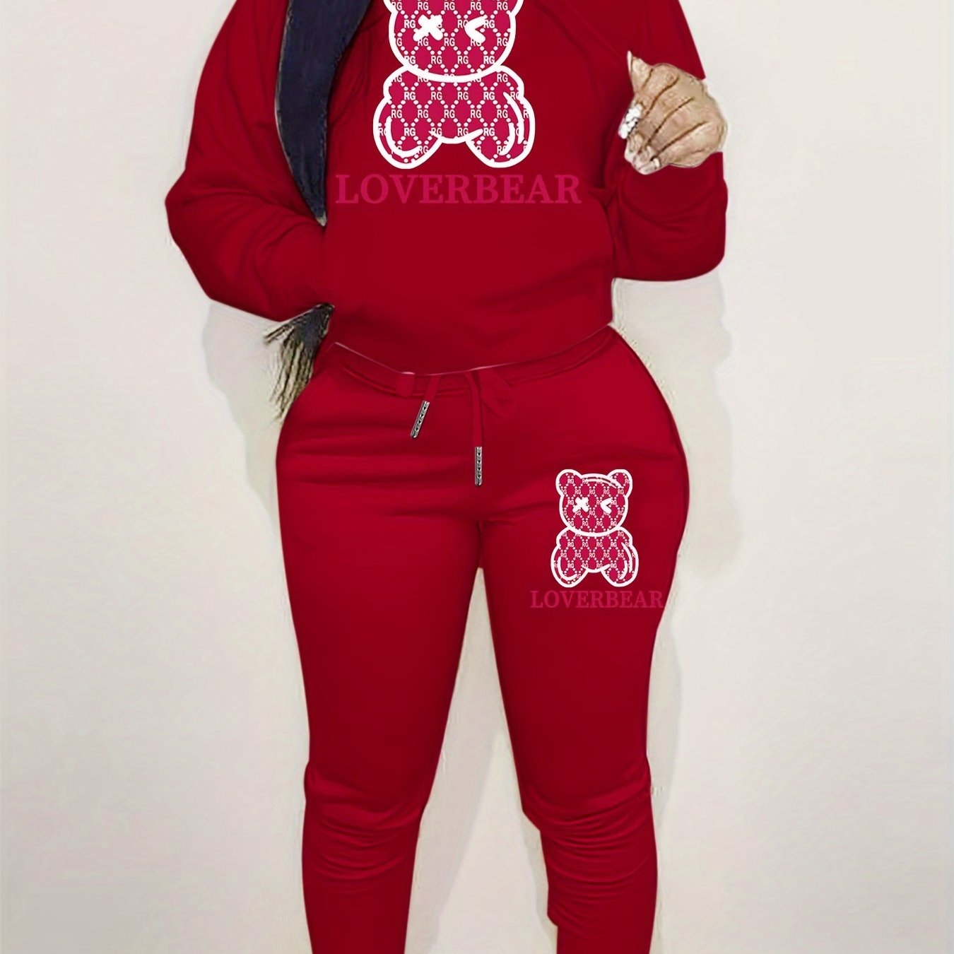Cartoon Bear Print Two-piece Set, Drawstring Long Sleeve Hoodies & Workout Jogger Pants Outfits, Women's Clothing