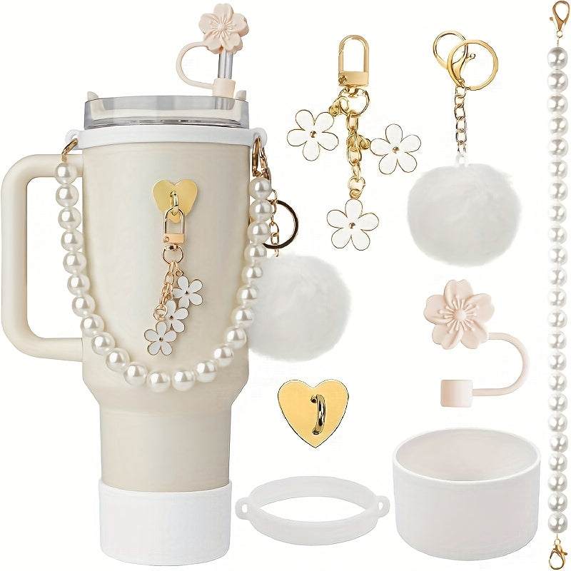 Exquisite 7pcs Cup Accessory Set 40 Ounces: Our Cup Accessory Set Includes Silicone Straw Cap, Rubber Cup Ring, Pearl Chain, Keychain, Bottle Boots, Heart-shaped Keychain, And Heart-shaped Hook, Stylish And Of Excellent Quali