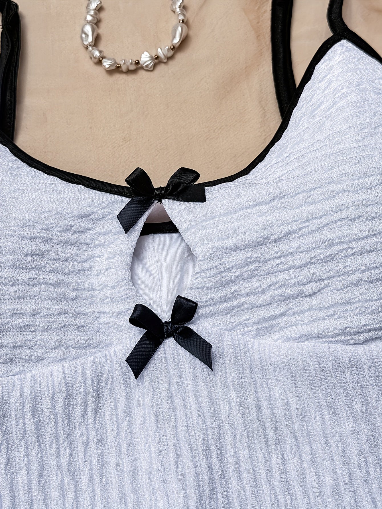 Women'S White Knit Textured Halter Jumpsuit with Bow Detail - Stylish Vacation Swimsuit, Perfect for Beach or Pool Parties, Polyester Blend, Party Attire|Vacation Style|Polyester Spandex Blend