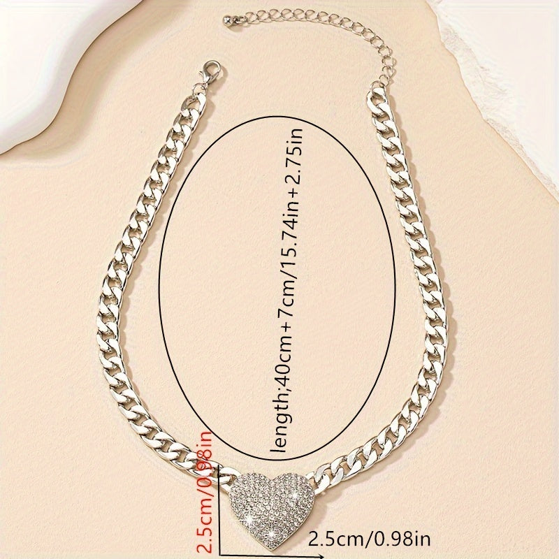 Punk Hip-Hop Heart Pendant Necklace for Women, Mosaic Rhinestones, Alloy, Luxury Style, Daily and Wedding Occasions, All Sizes Fit