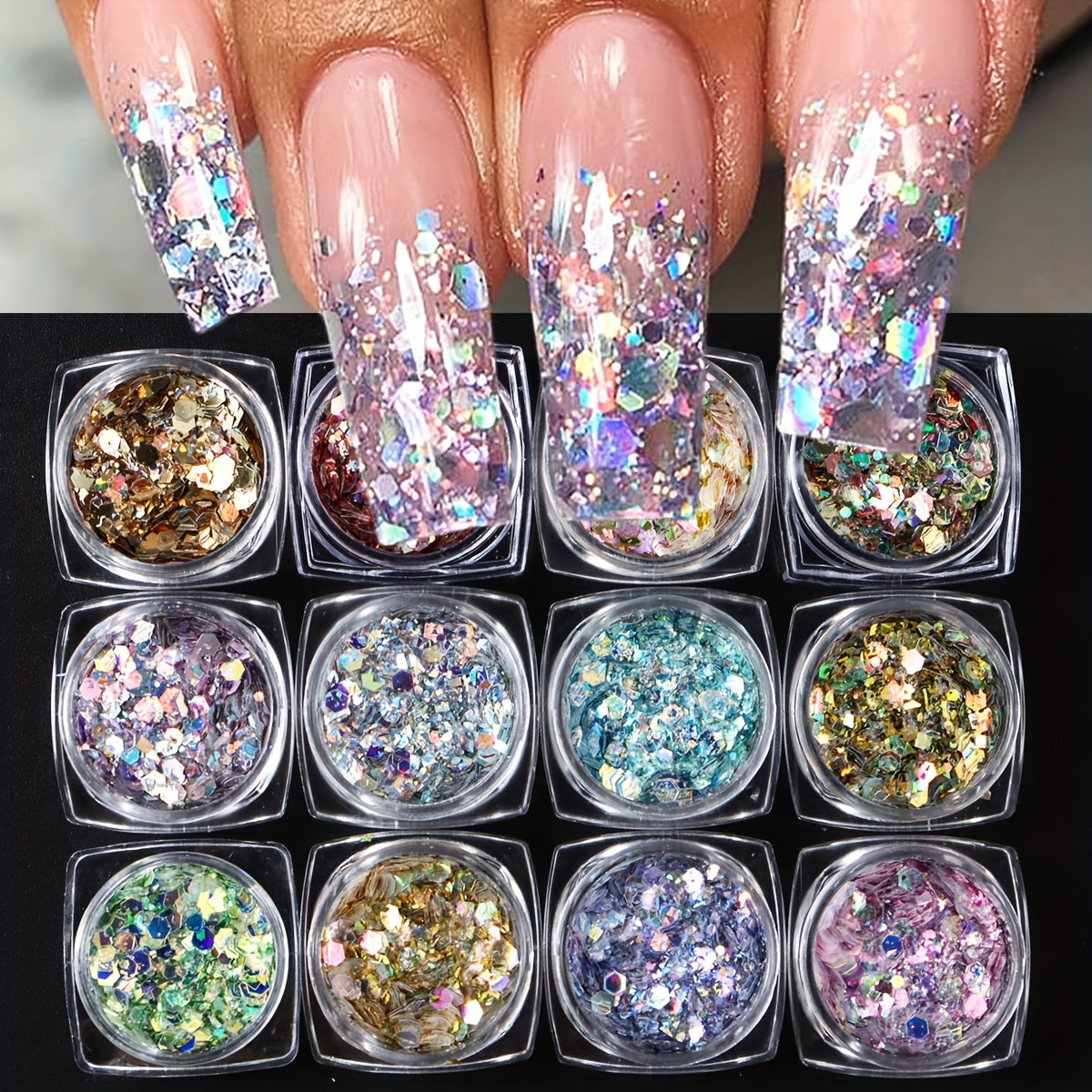 12 Colors Nail Art Glitter Diamond Dust Iridescent Nail Powder Chunky Glitter Confetti Foil Flakes Sequins for Nail Art Supplies, Gel Polish, Y2K Mermaid Holographic Hexagon Sequins, 3D Mirror Irregular Slices Sparkles