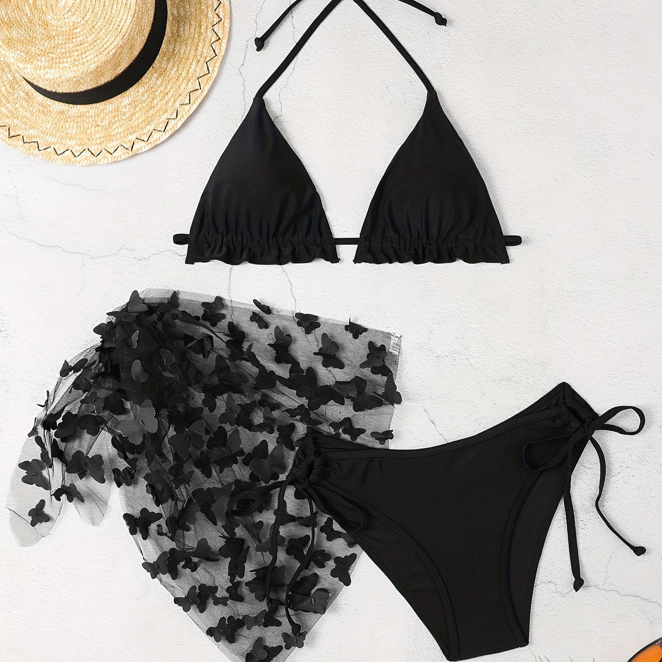 Solid Color Butterfly Applique 3 Piece Set Swimsuits, Triangle Halter Tie Strap Lettuce Trim Bikini, Women's Swimwear & Clothing