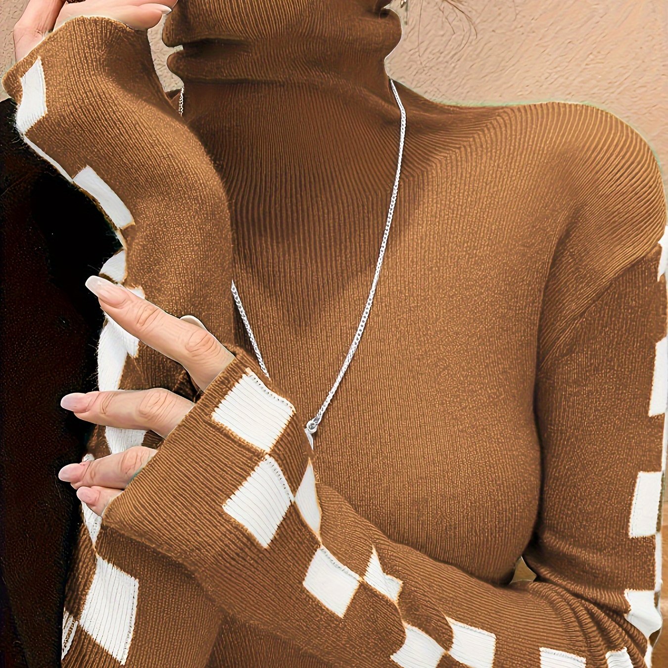 Elegant Red & White Checkered Turtleneck Sweater for Women - Slim Fit, Casual Knit Pullover with Contrasting Trim, Perfect for Fall/Winter
