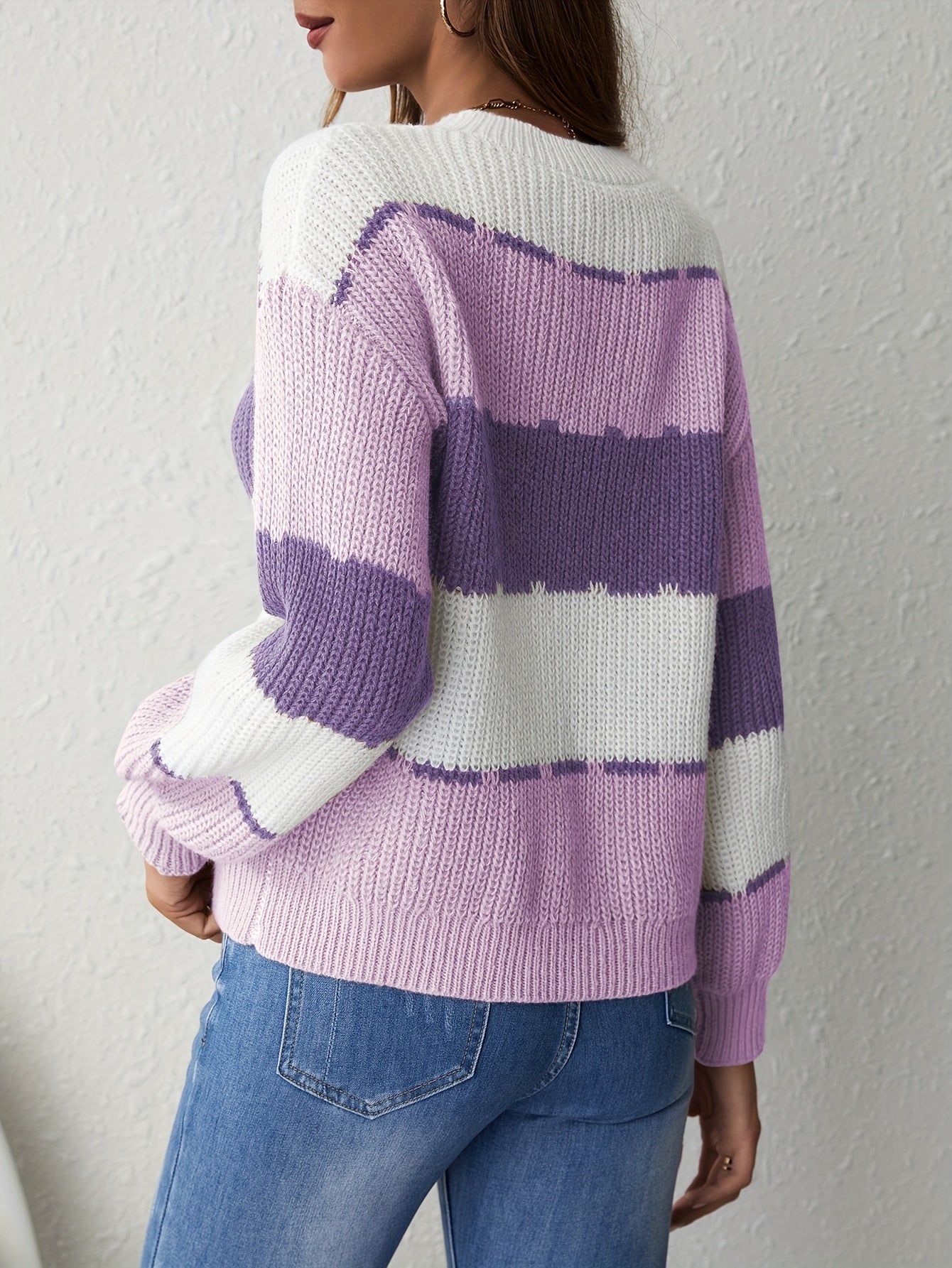 Elegant Color Block Knit Sweater – Women’s Long Sleeve Crew Neck Pullover, Soft Micro-Stretch Polyester, Stylish Patchwork Design for Fall & Winter