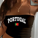 Portugal Women's Casual Graphic Print Tube Top - Black Cropped Stretchy Shirt with National Flag Design, Machine Washable All-Season Layering Essential, Medium Elasticity Fabric