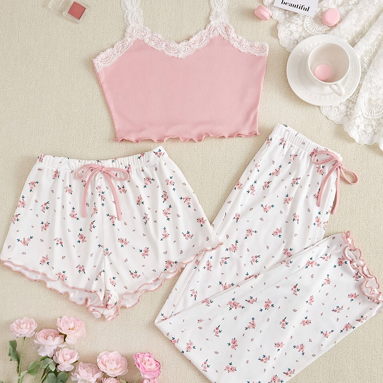 3pcs Set of Floral Print Lace Splicing Wave Edge Suspender Pajama Set