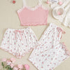 3pcs Set of Floral Print Lace Splicing Wave Edge Suspender Pajama Set