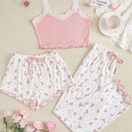 3pcs Set of Floral Print Lace Splicing Wave Edge Suspender Pajama Set