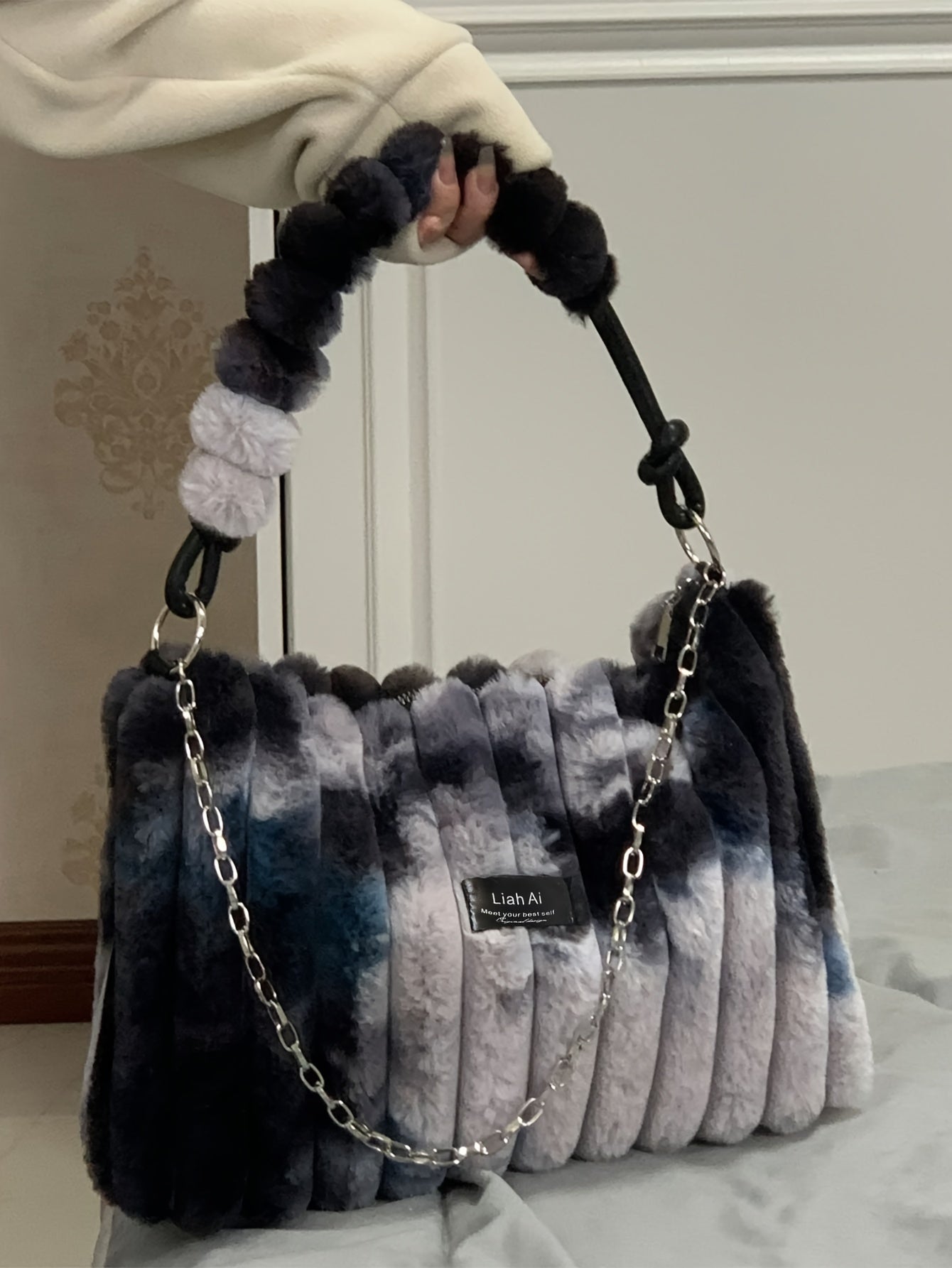 Chic Tie-Dye Plush Shoulder Bag for Women - Spacious & Stylish with Secure Zip Closure, Canvas Lined