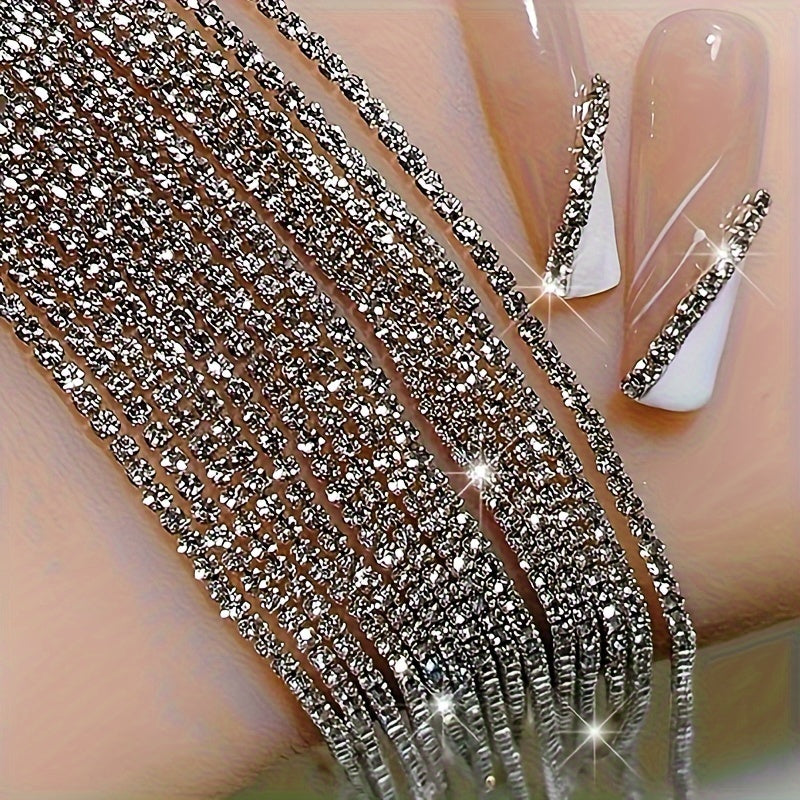 39.37inch Long Luxury Crystal Sparkling Chain Nail Charms with Rhinestones, 1.5mm Shinying Glitter Silvery Nail Art Metal Steel French Manicure Crystal DIY Nail Art Decoration, Nail Art Supplies for Women And Girls