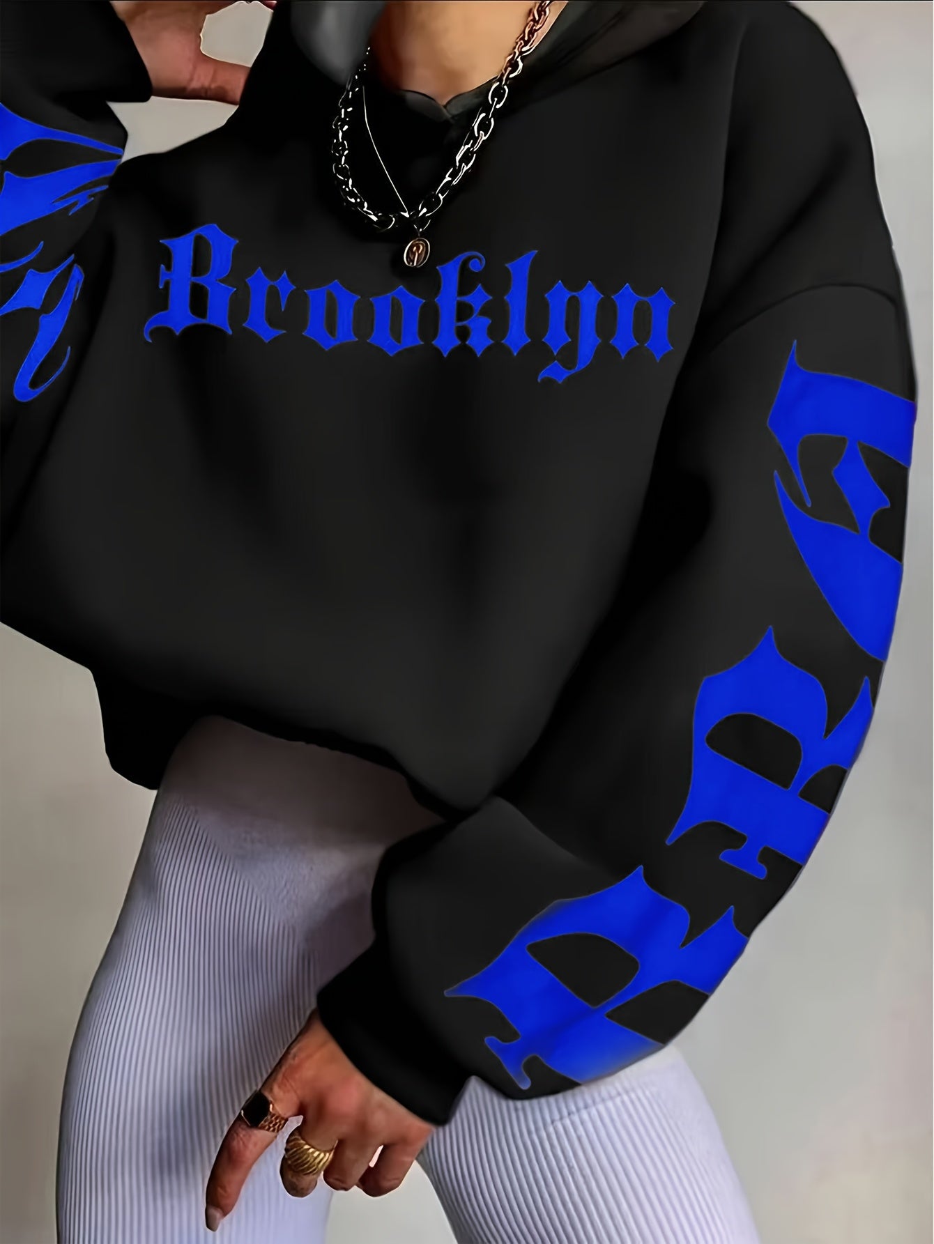 Women'S Stylish Black Hoodie with Vibrant Blue "Fear" Graphic Print - Casual Long Sleeve Pullover, Polyester Knit Fabric, Fall & Winter Essentials, Fall Winter Apparel | Bold Graphic Hoodie | Polyester Hoodie