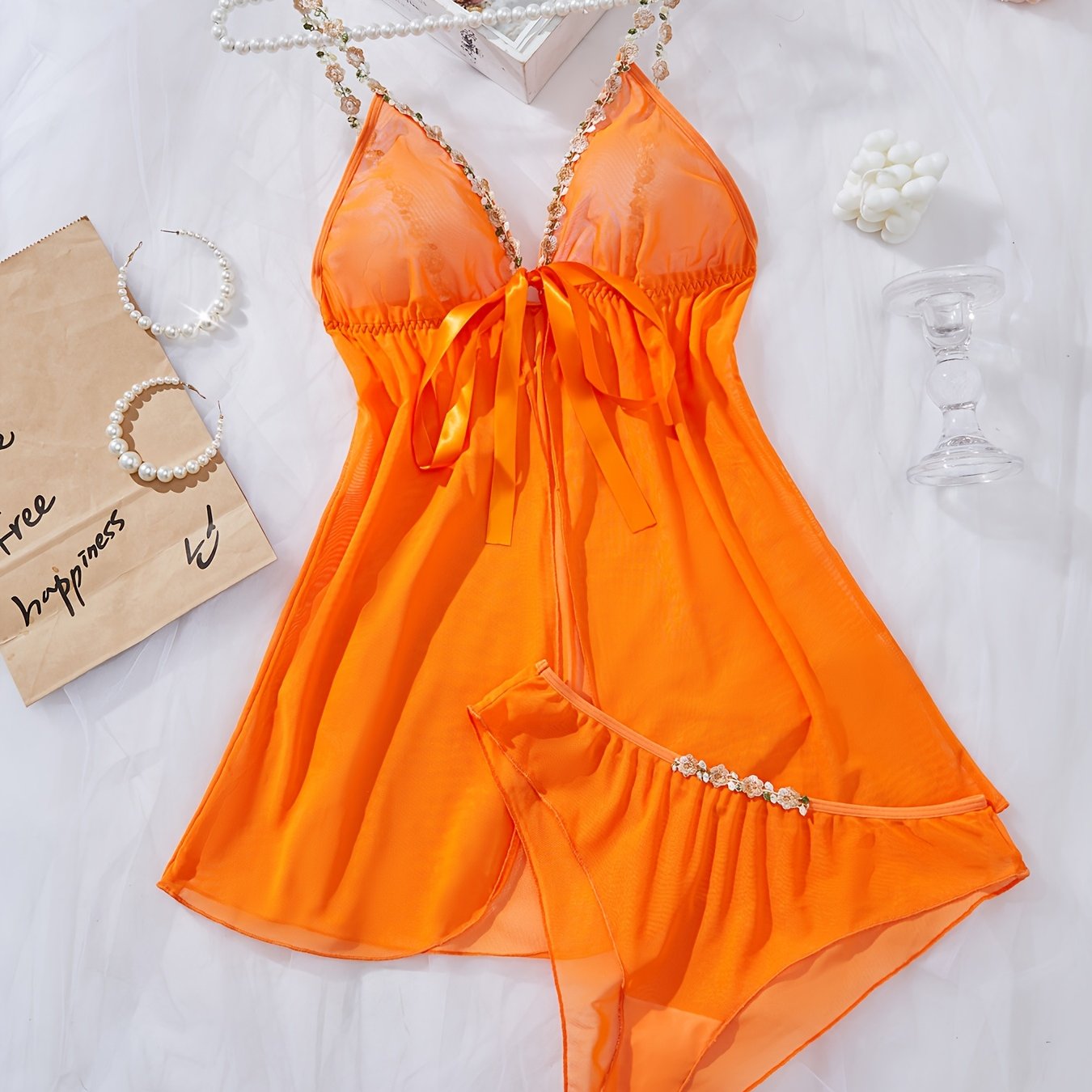 Women's Sexy Front Tie Design Sensual Half-Transparent Lace Sleepwear