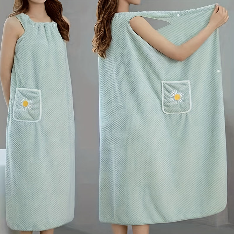 Light Blue Extra-Long Coral Fleece Bath Towel with Daisy Pocket - Super Absorbent, Machine Washable, Soft & Durable for Bathroom Use, Robe Wear | Detailing | Light Blue Coral Fleece