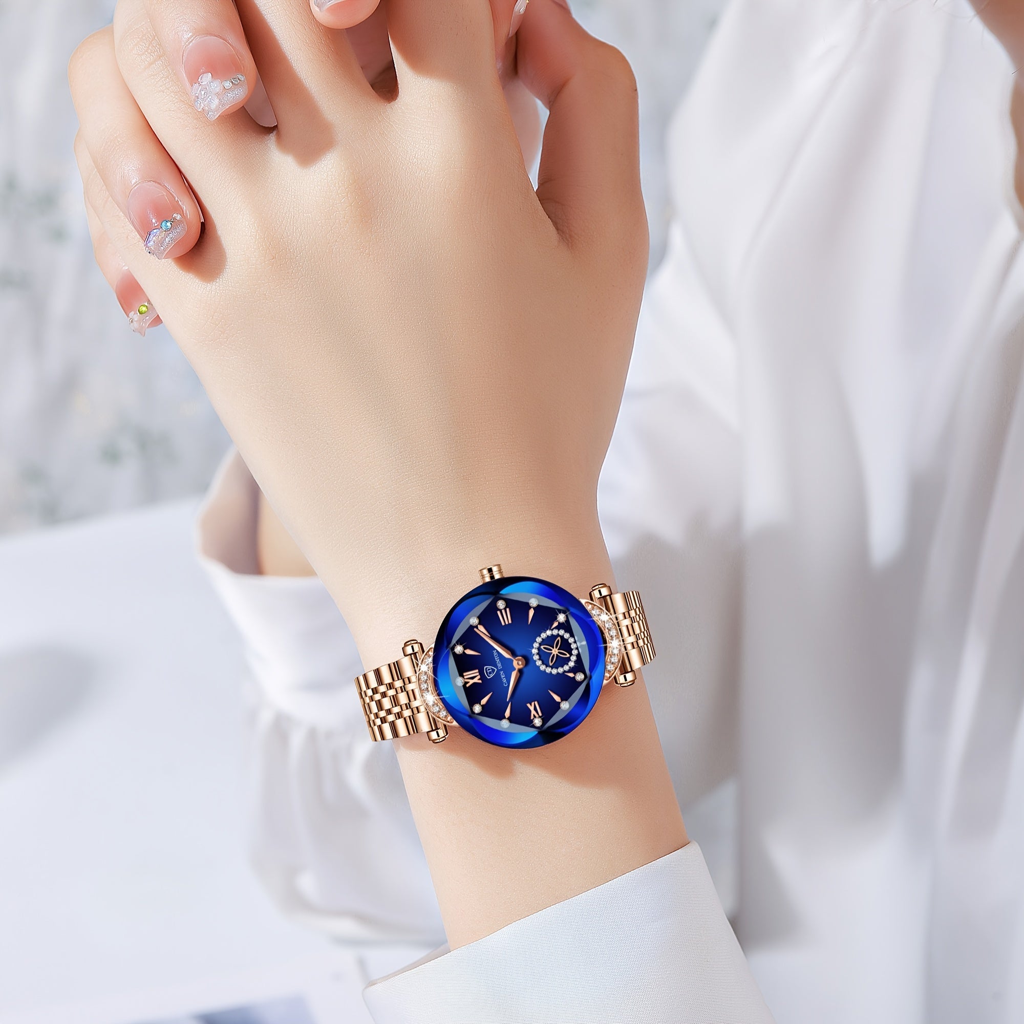 Elegant Women's Quartz Watch with Rhinestone Accents - Rose Golden Case & Stainless Steel Band, Roman Numerals, Independent Second Hand - Ideal for Business or Formal Wear - Perfect Mother's Day, Christmas, or Back-to-School