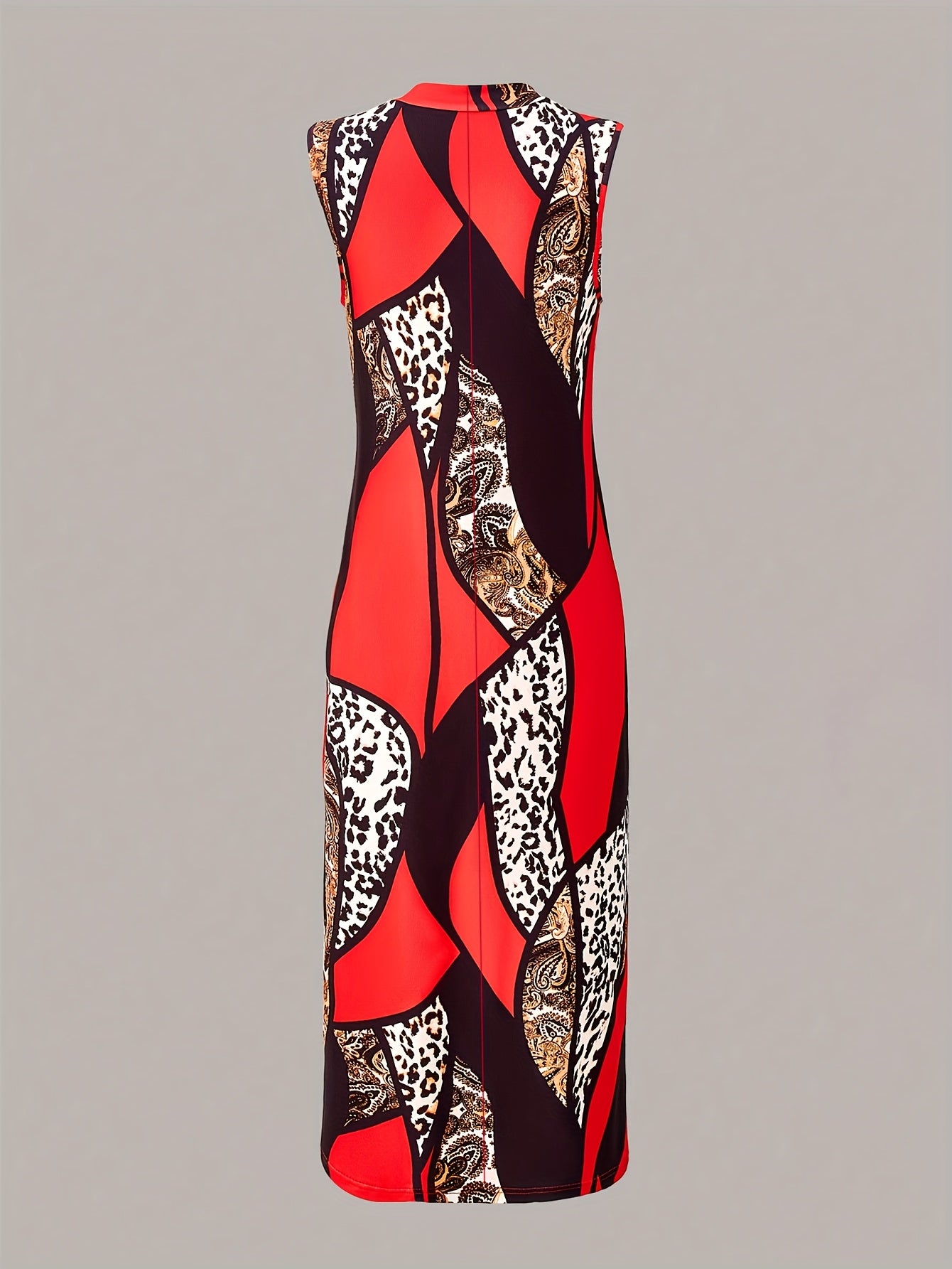 Women's Round Neck Printed Faux Two-Piece Design Slim Fit High-Waisted Dress