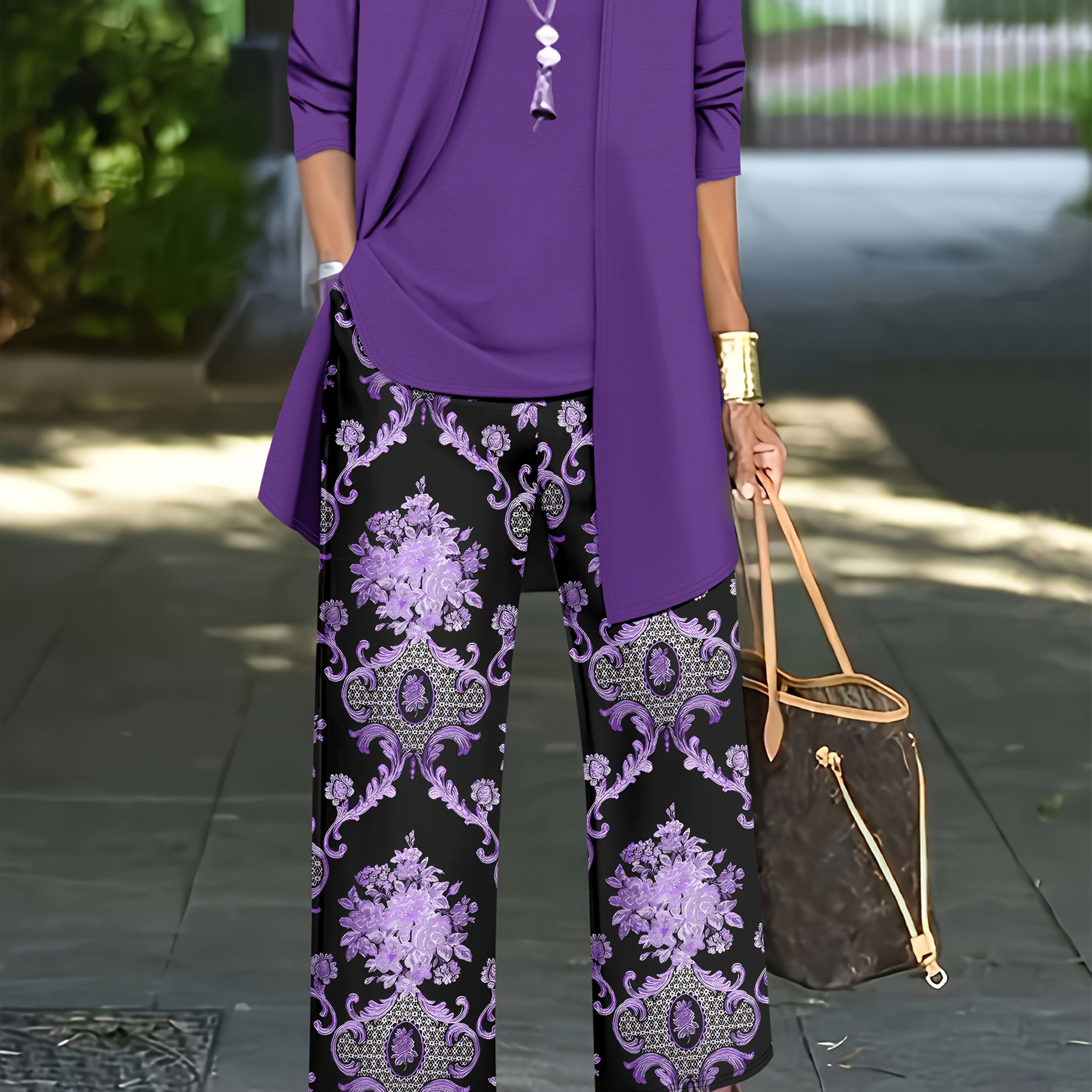 Women'S Elegant Plus Size Solid Color Cardigan and Tank Top Set with Paisley Print Pants - Stylish Three-Piece Outfit for Casual Attire, Casual Attire|Paisley Print Pants|Stretchy Fabric, Plus Size Clothing