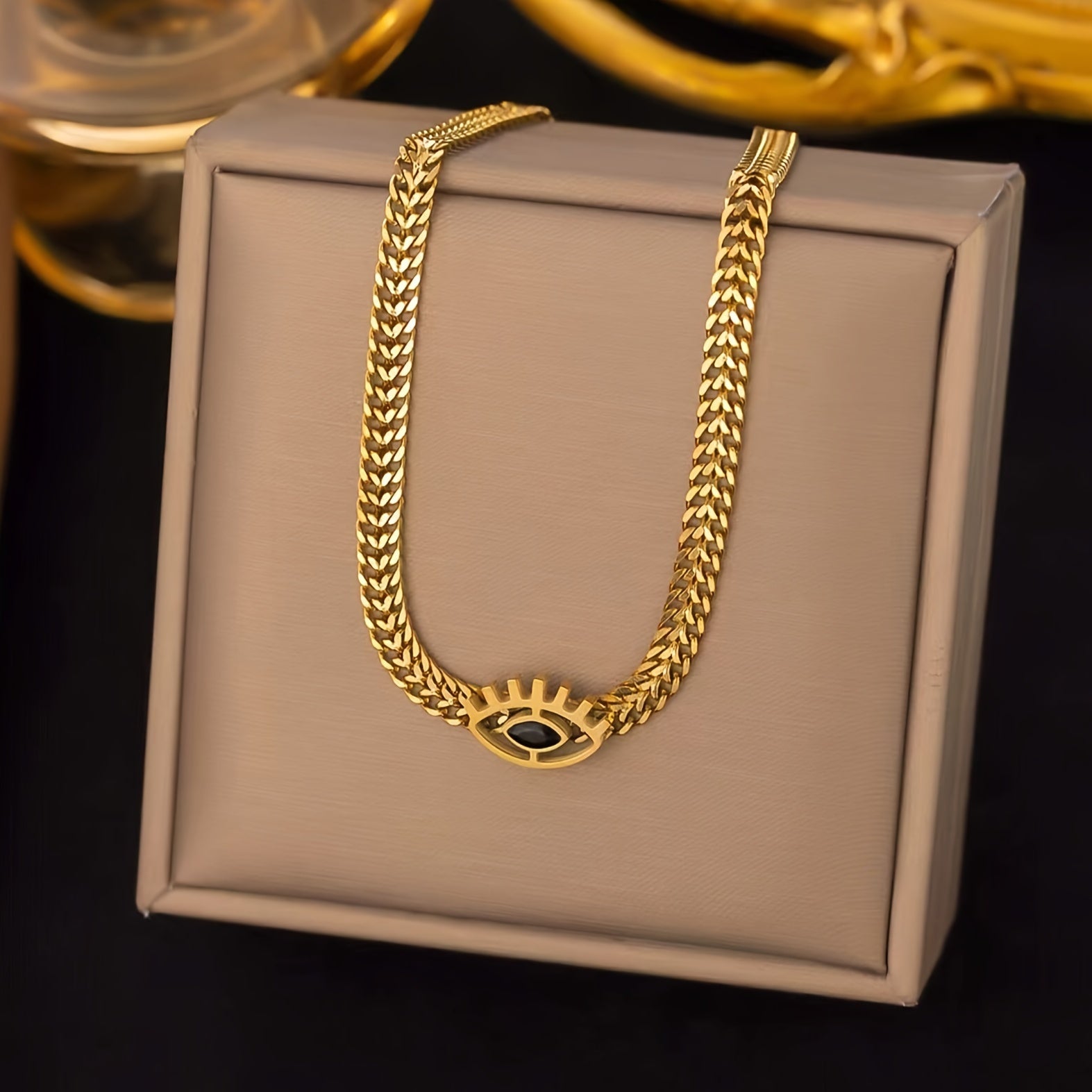 2pcs/set, Golden Stainless Eye Shape Design, Inlaid Sparking zirconia Pendant Necklace & Bracelet Set, Fashion Unique Accessory For Daily Wear & Party, Idea Gift For Ladies