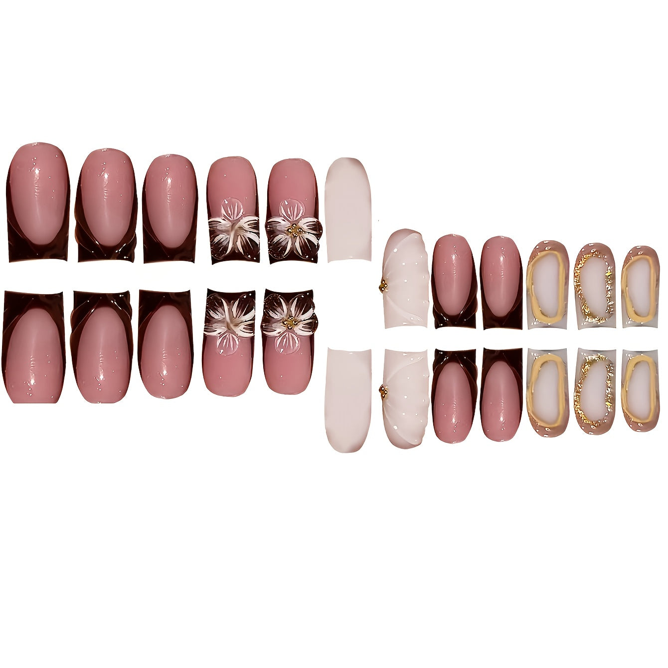 A Set of 4 Jelly Gels And 4 Nail Files, Totaling 96pcs, Featuring a Stylish And Sweet New Technique with Pressed-On Nails. The Design Includes Dazzling Flower Patterns, Advanced Gradient Effects, Golden Lace, Butterfly-Shaped