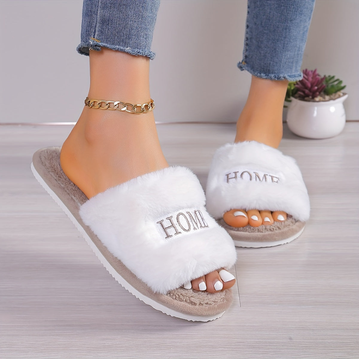 Women's Cozy Plush Home Slippers, White with "HOME" Embroidery, Soft Faux Furry Indoor Footwear, Comfortable All-Season Slip-Ons