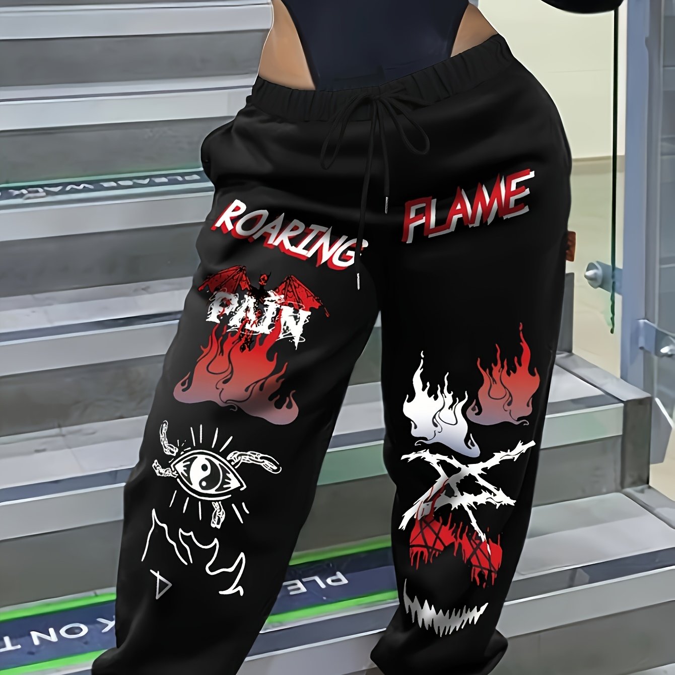 Women'S Casual Printed Sweatpants - Black with White Cartoon Face & Letter Design, Elastic Waistband with Drawstring, Lightweight Polyester for Spring/Fal