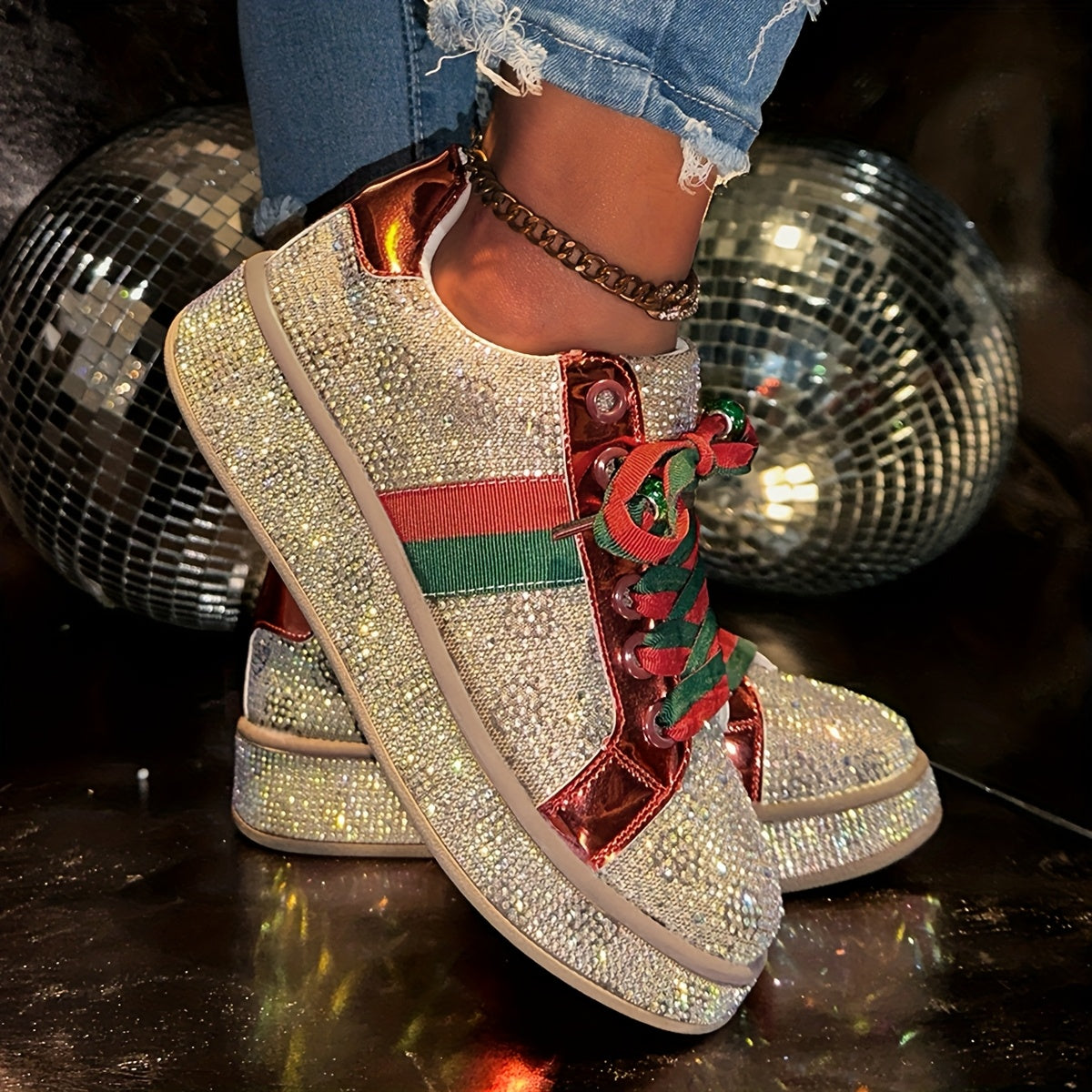 Women'S Fashion Sneakers - Sparkling Glitter Design, Comfortable Low Top Lace-Up Shoes with Red and Green Laces, All-Season Casual Streetwear, Casual Streetwear Sneakers | Glittery Sneakers | Synthetic Sneakers