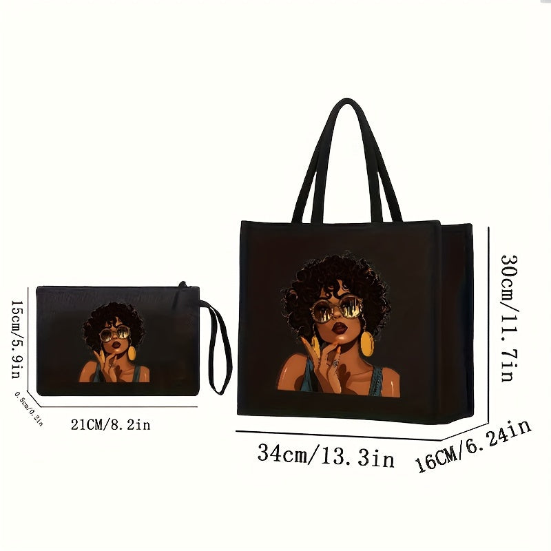 Elegant beauty print satchel set, 2pcs lady portfolio handbag, with makeup bag, lightweight and large capacity, very suitable for work, school, shopping, gifts