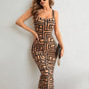 Geo Print Square Neck Tank Dress, Elegant Sleeveless Bodycon Dress For Spring & Summer, Women's Clothing