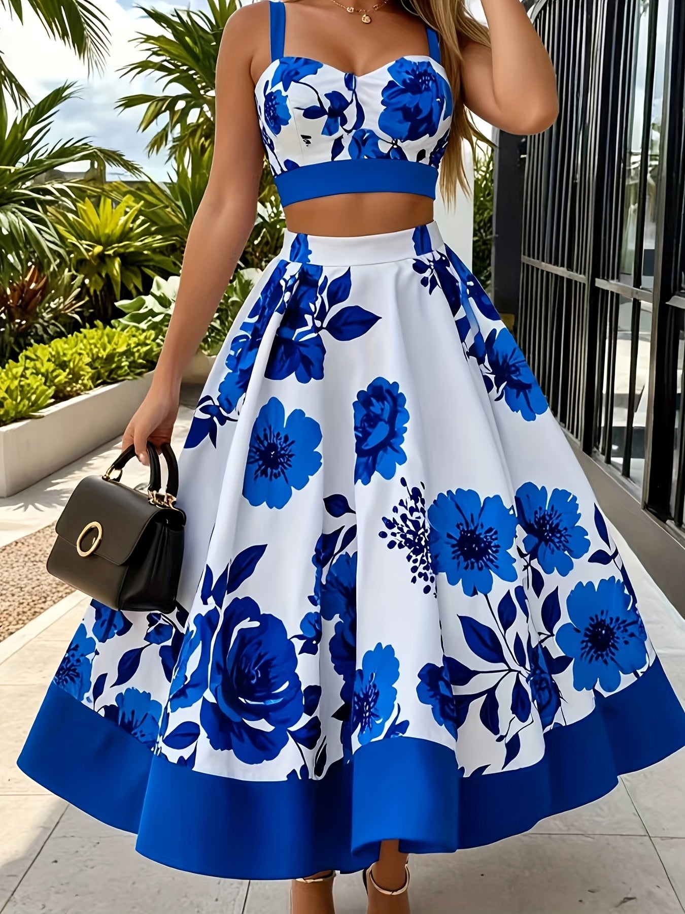 Elegant Floral Print Two-Piece Skirt Set - V-Neck Crop Top & High-Waist Flared Skirt, Polyester/Spandex Blend, Machine Washable, Perfect for Spring/Fall Fashion