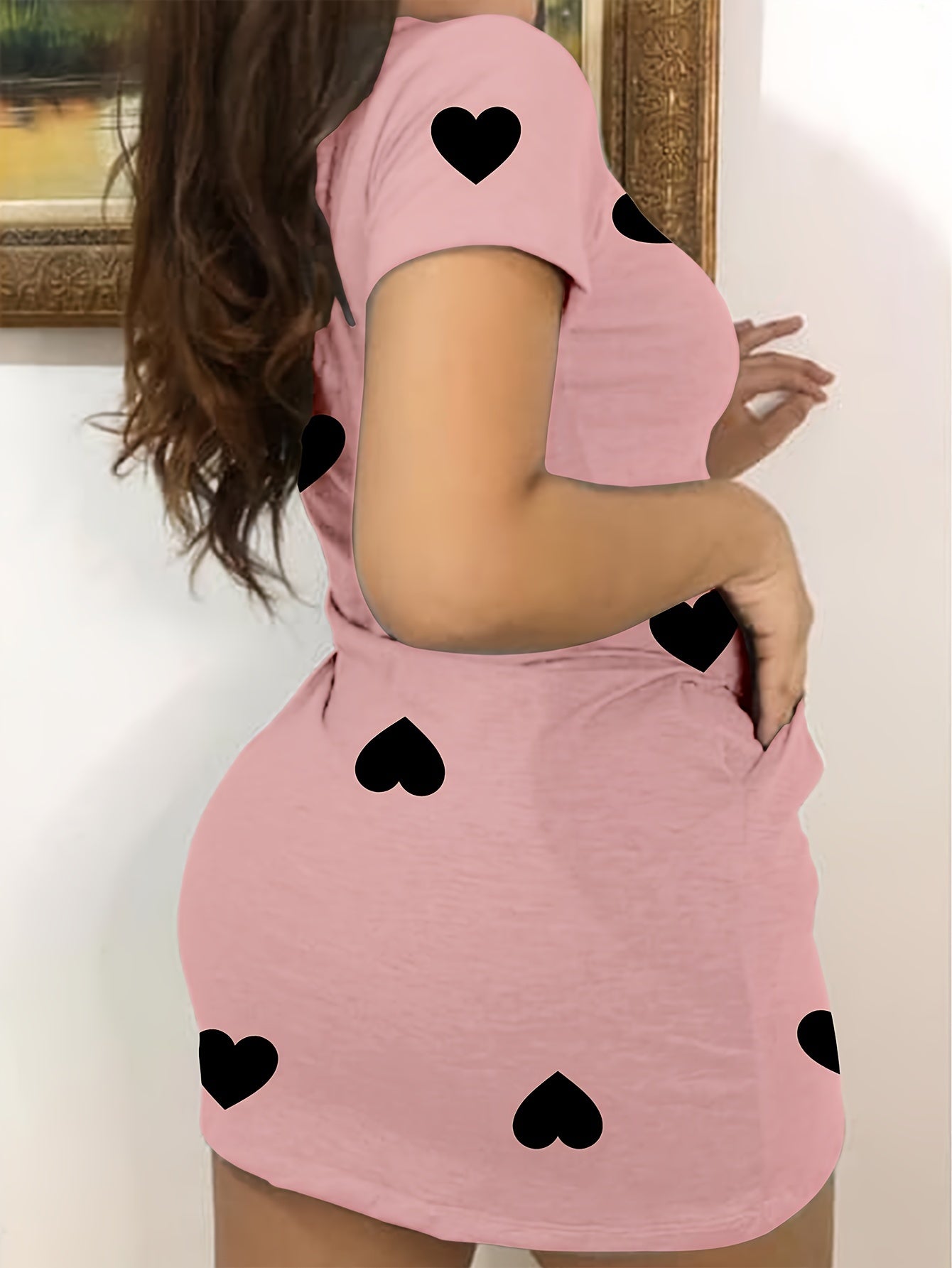 Charming Heart Print Crew Neck Pocket Dress - Women's Short Sleeve Dresses for Spring & Summer - Comfortable, Casual, and Versatile Clothing for Young Ladies