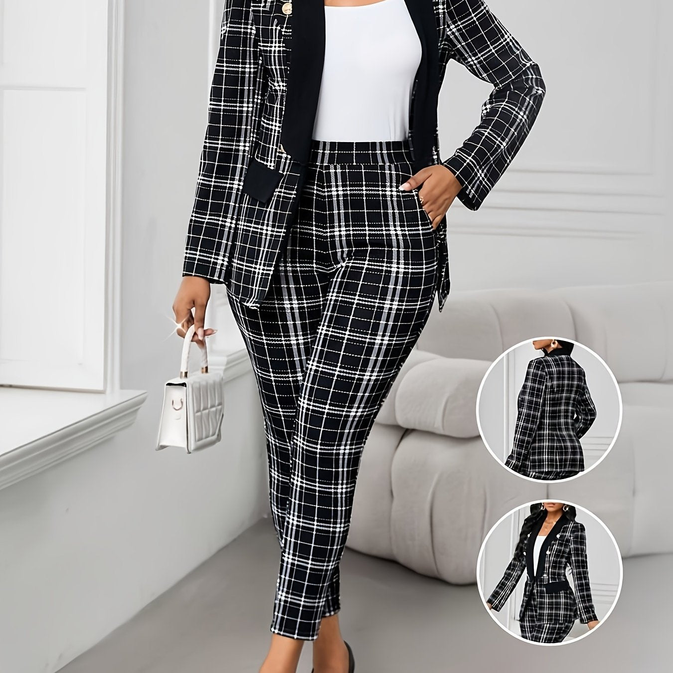 Elegant Geometric Print Plaid Blazer & Pants Set - Black & White Checkered, Long Sleeve, Button-Up, Casual Western Style, Elastic Waist, Pockets, Polyester Blend, Fall & Spring Attire for Women, Casual Attire|Modern Casualwea