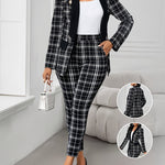 Elegant Geometric Print Plaid Blazer & Pants Set - Black & White Checkered, Long Sleeve, Button-Up, Casual Western Style, Elastic Waist, Pockets, Polyester Blend, Fall & Spring Attire for Women, Casual Attire|Modern Casualwea