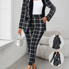 Elegant Geometric Print Plaid Blazer & Pants Set - Black & White Checkered, Long Sleeve, Button-Up, Casual Western Style, Elastic Waist, Pockets, Polyester Blend, Fall & Spring Attire for Women, Casual Attire|Modern Casualwea