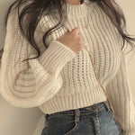 Cozy Crew Neck Crop Sweater - Women's Casual Long Sleeve Knitwear for Fall & Winter - Soft, Warm, and Comfortable Clothing for Everyday Wear