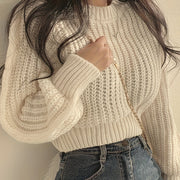 Cozy Crew Neck Crop Sweater - Women's Casual Long Sleeve Knitwear for Fall & Winter - Soft, Warm, and Comfortable Clothing for Everyday Wear