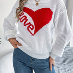 Cozy Love Heart Long Sleeve Pullover Sweater – Acrylic Knit, Geometric & Letter Pattern, Casual Vacation Style for Fall/Winter