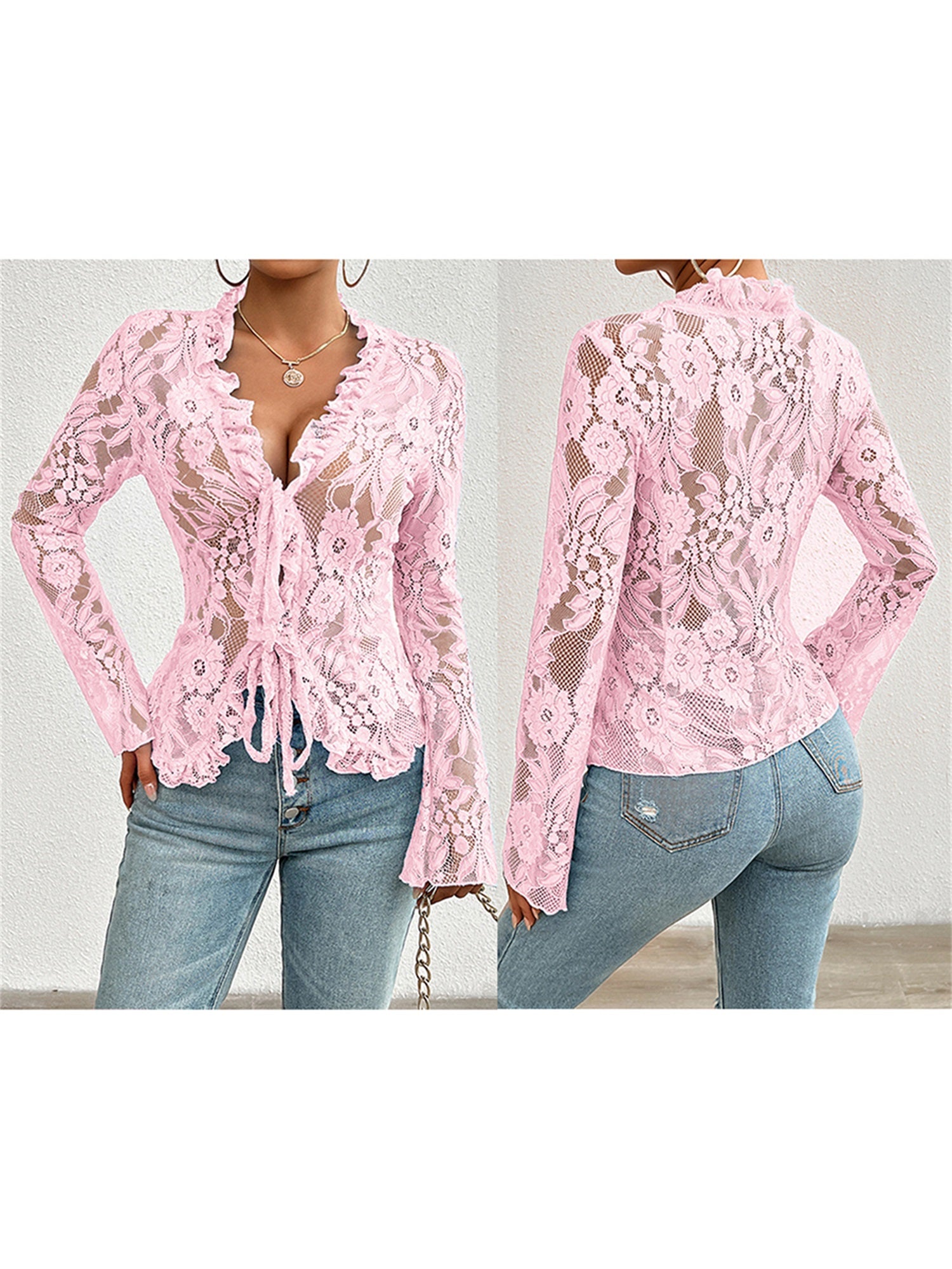 Women's Sheer Blue Lace Tie-Front Blouse - Long Sleeve V-Neck Floral Top for Casual & Clubwear, High Stretch Polyester Fabric, Elegant Ruffled Detailing, Casual Clubwear | Floral Lace Design | Intricate Lace Texture