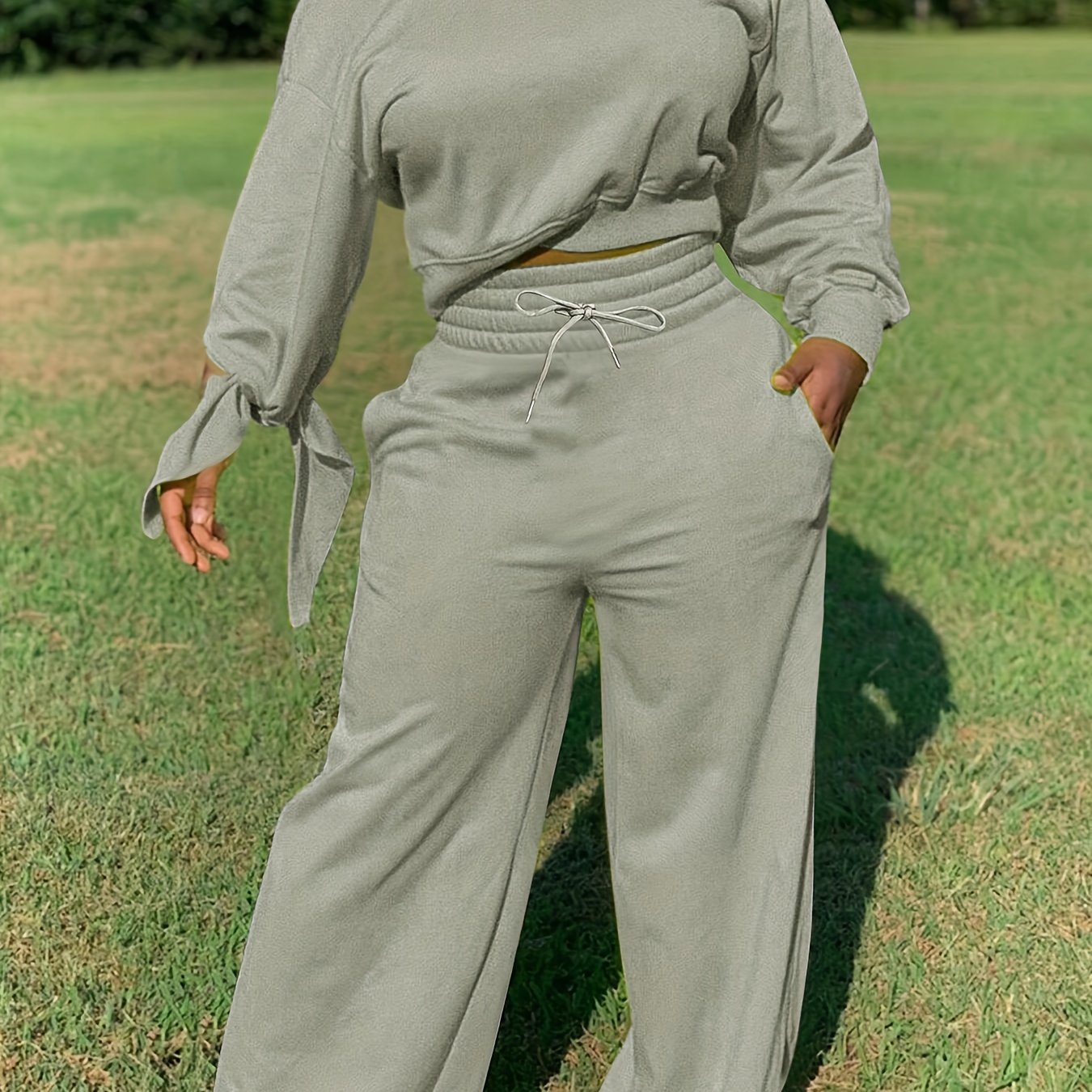 1set Women'S Solid Color Asymmetrical Sleeve Sweatshirt and Pants Set, Casual Crew Neck Polyester Knit Fabric, All-Season Lounge Wear