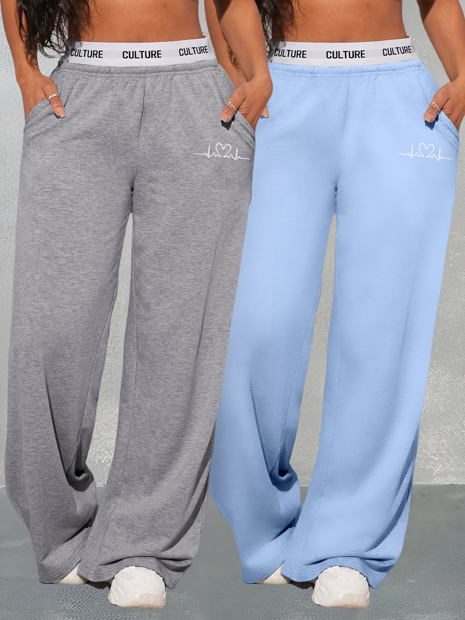 K6 Two-piece Women's Clothing Set with Geometric Pattern & Love Print Wide Leg Pants Loose Pocket Sweatpants Versatile High Waist Casual Long Pants