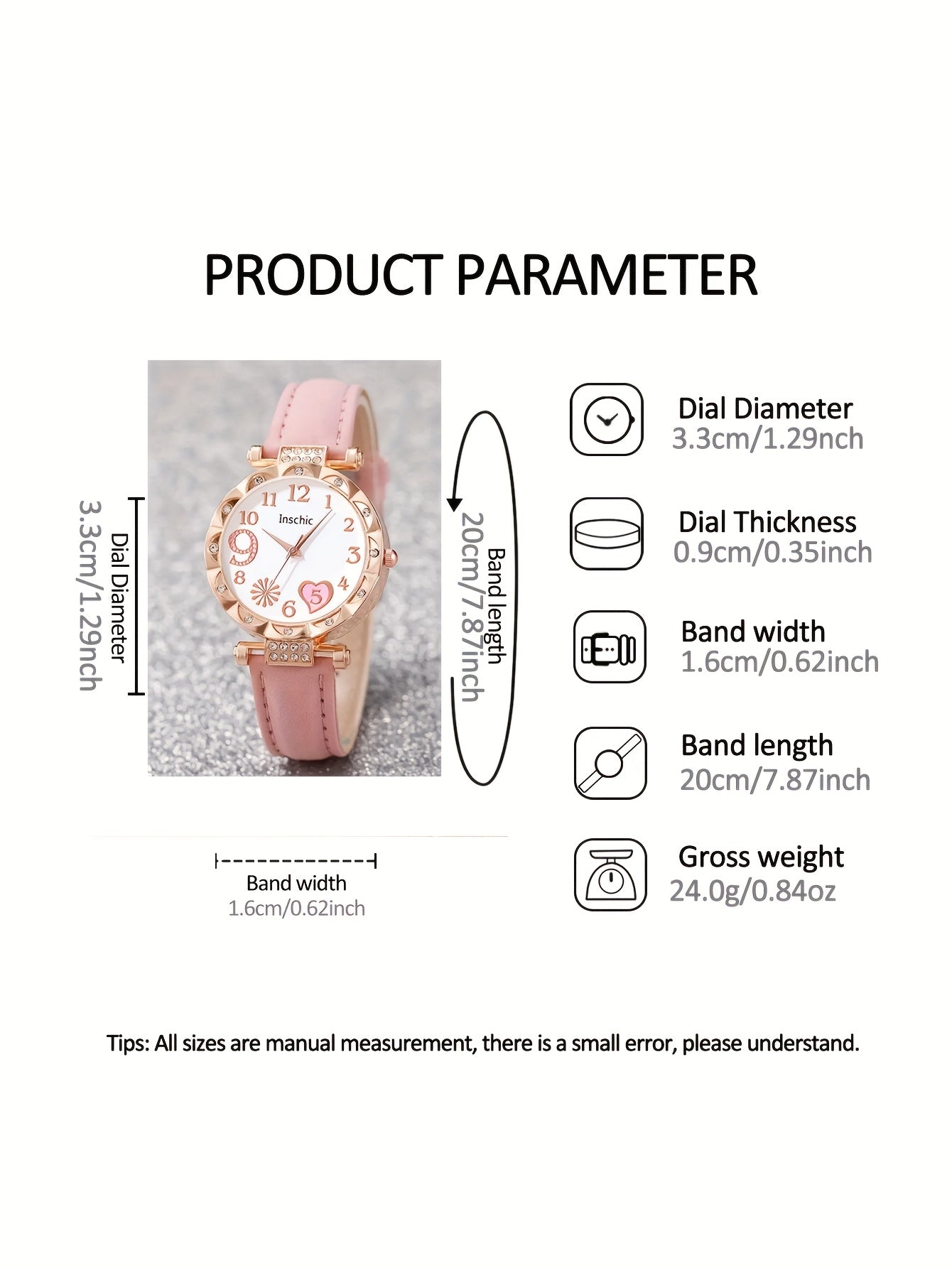 6pcs Elegant Faux Leather & Rose Golden Accessory Set - Heart-Shaped Watch, Bracelet, Necklace, Earrings with Pink Rhinestones - Perfect Mother'S Day Gift for Moms, Everyday Style, Everyday Accessory Set|Fashionable Gift Set|