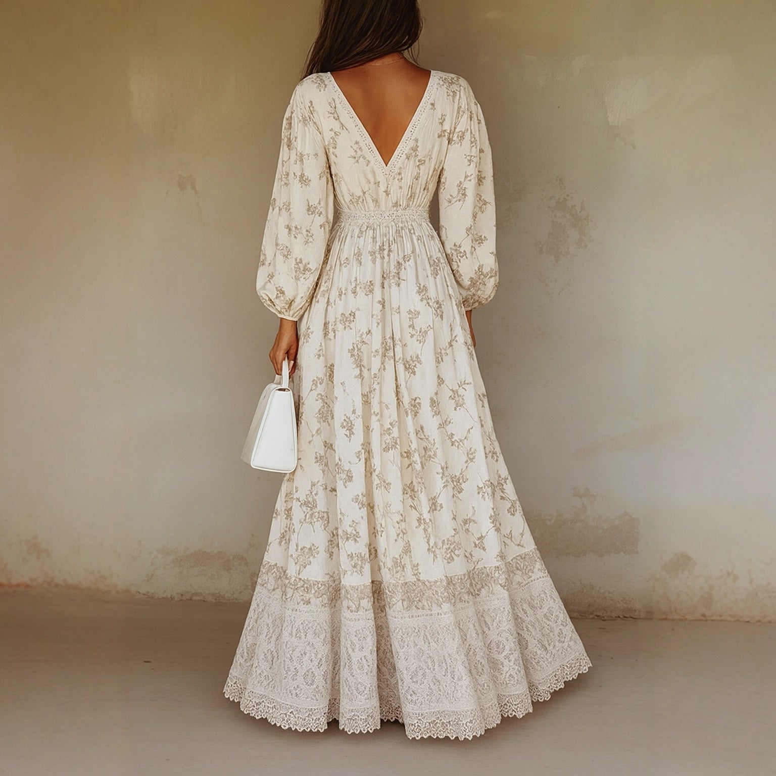Casual Western-style AutumnWinter Long-Sleeve Printed Lace-Trimmed Dress
