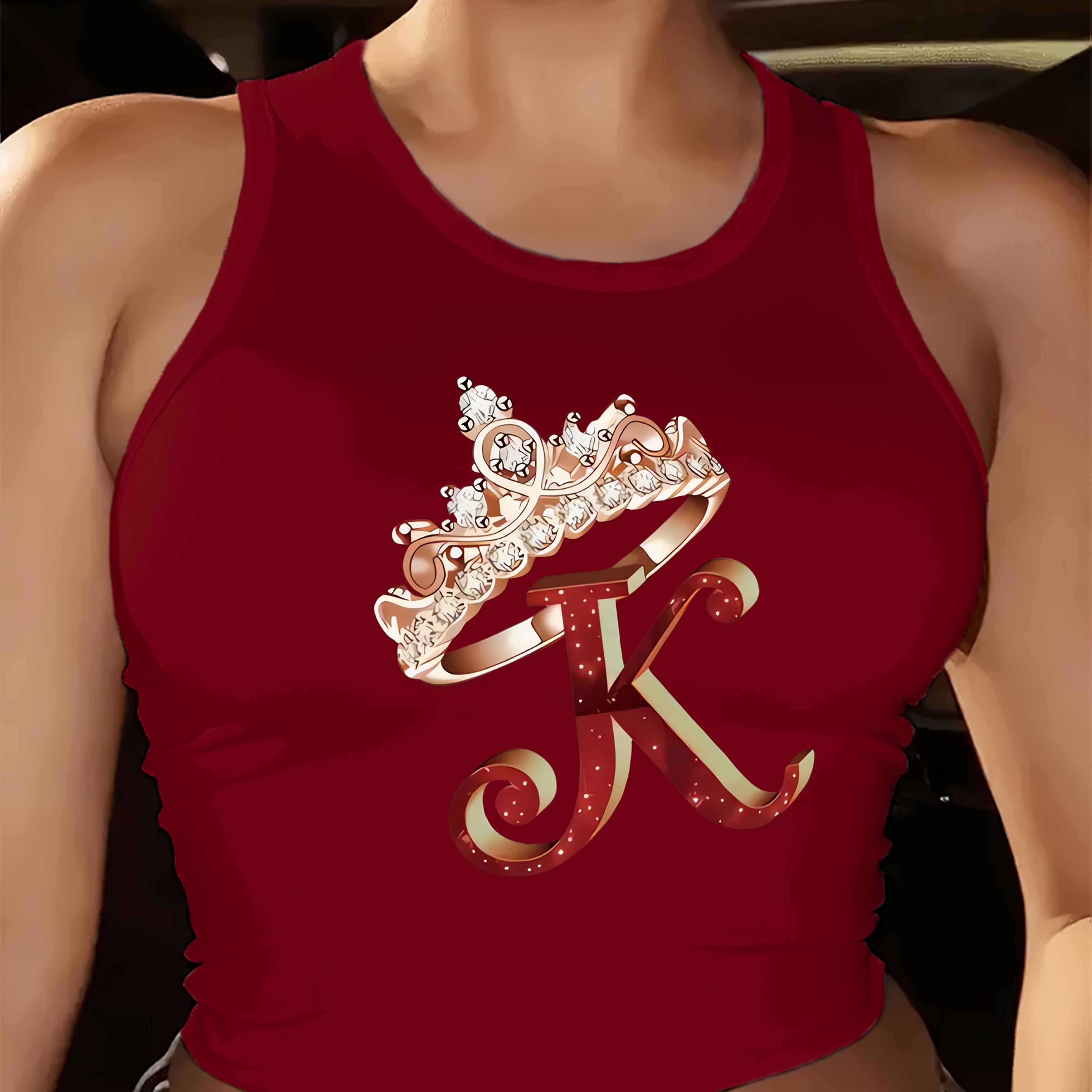 Chic Maroon Sleeveless Tank Top for Women with Crown & "K" Design - Casual Crew Neck, Breathable Polyester Blend, Perfect for Spring/Summer