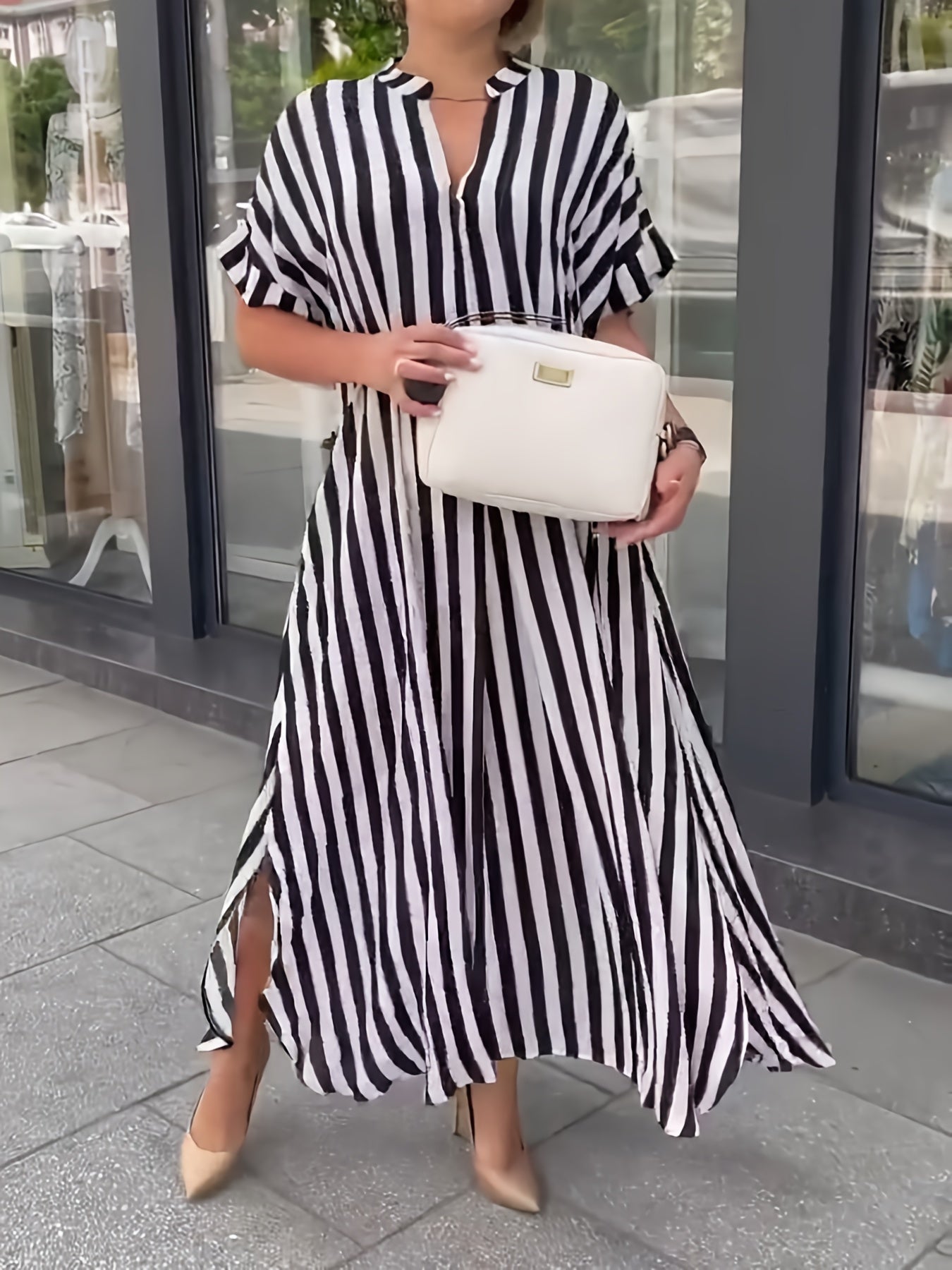 Women'S Plus Size Black & White Striped Shirt Dress - Casual V-Neck, Short Sleeve, Mid-Length with Chest Pocket, Loose Fit for Spring/Summer/Fall, Casual Attire|Vneck Dress|Nonpadded Dres