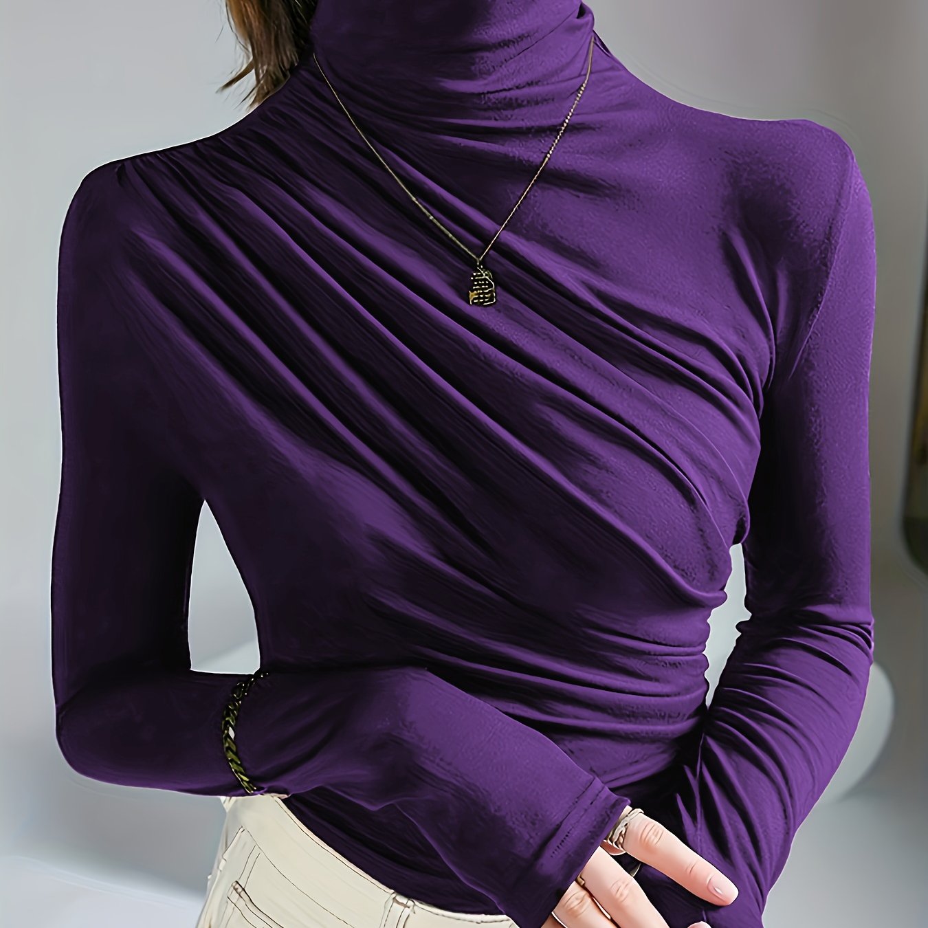 Elegant Ruched Mock Neck Long Sleeve Top for Women - Stylish Autumn/Winter Blouse, Soft Polyester & Elastane Blend, Machine Washable, Dark Brown, Perfect for Casual or Dressy Outfits
