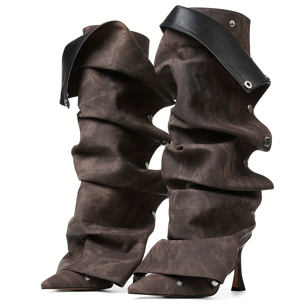 Women's Sexy Metallic Ruched Slouchy Knee-High Boots with Pointed Toe & Detachable Design - Stiletto Heel, Zipper, PU Cover & Rubber Sole for Dates, Casual Outings, High Heel Boots