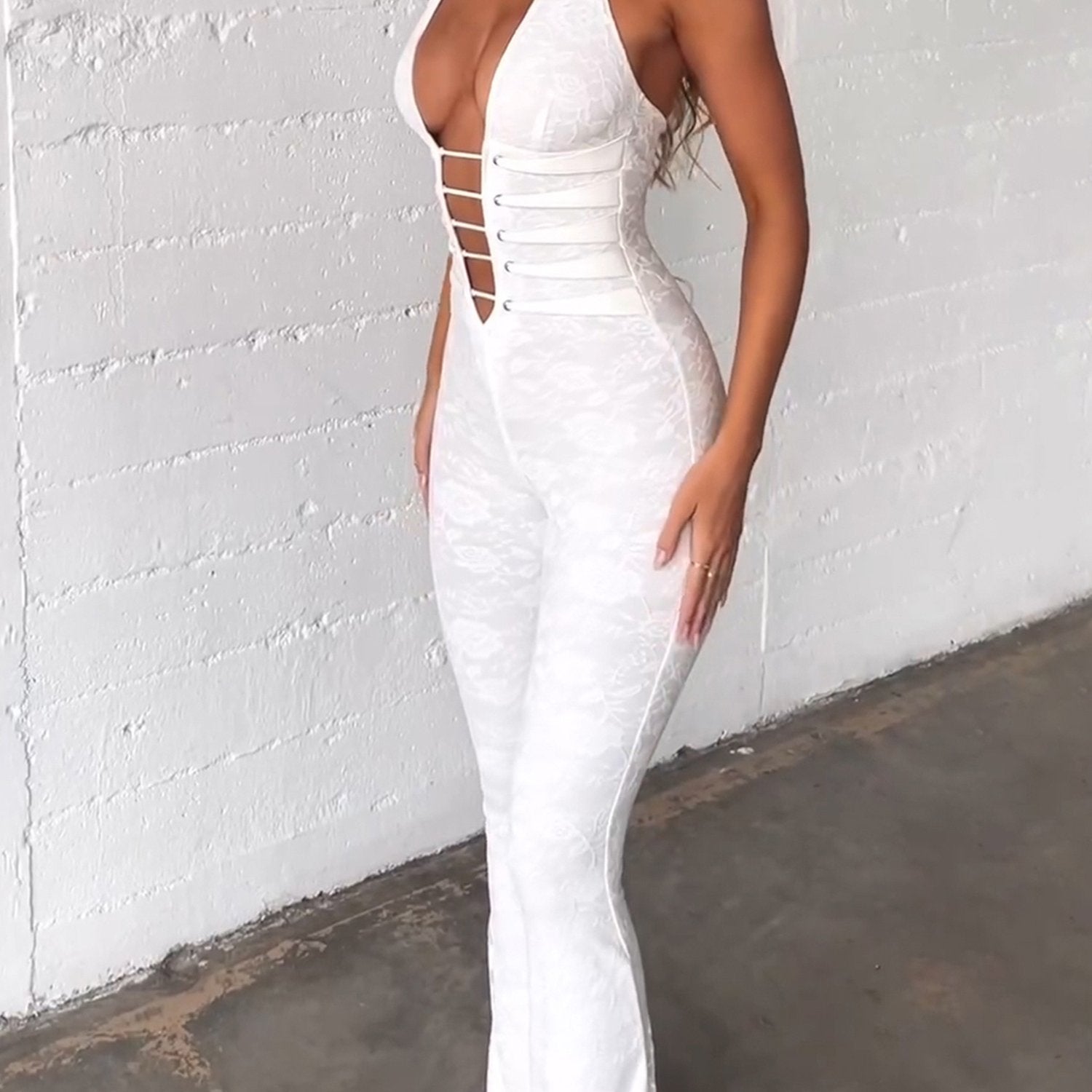 Women Lace Jumpsuits Halter Neck Cross Backless Sleeveless Long Rompers Summer Slim Playsuits Female Clubwear