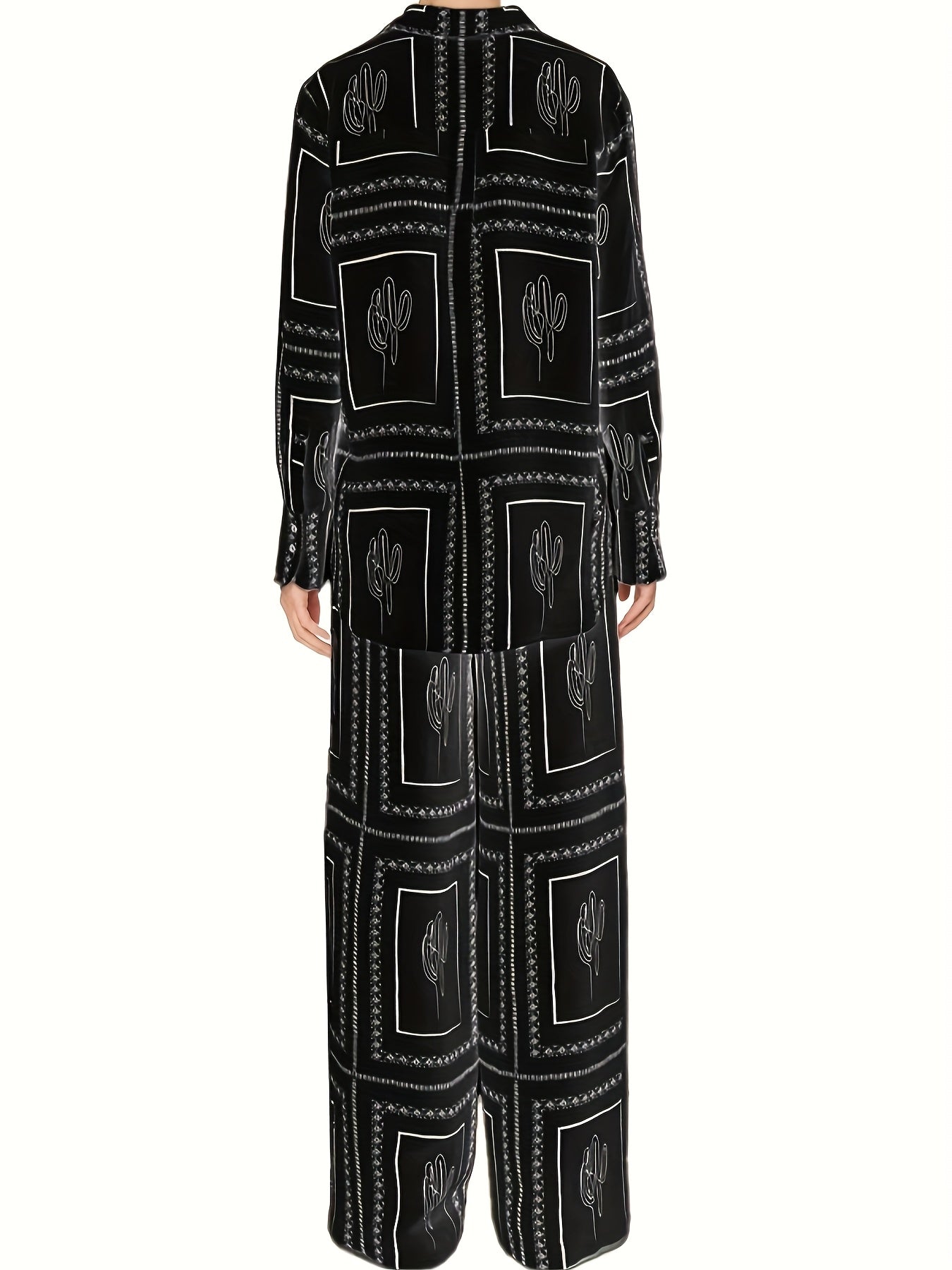 Women'S Stylish Black and White Geometric Print Two-Piece Set - Long Sleeve Blouse with Cactus Design & Matching Pants, Perfect for Spring/Fall, Casual Attire|Geometric Print Top|Polyester Fabri