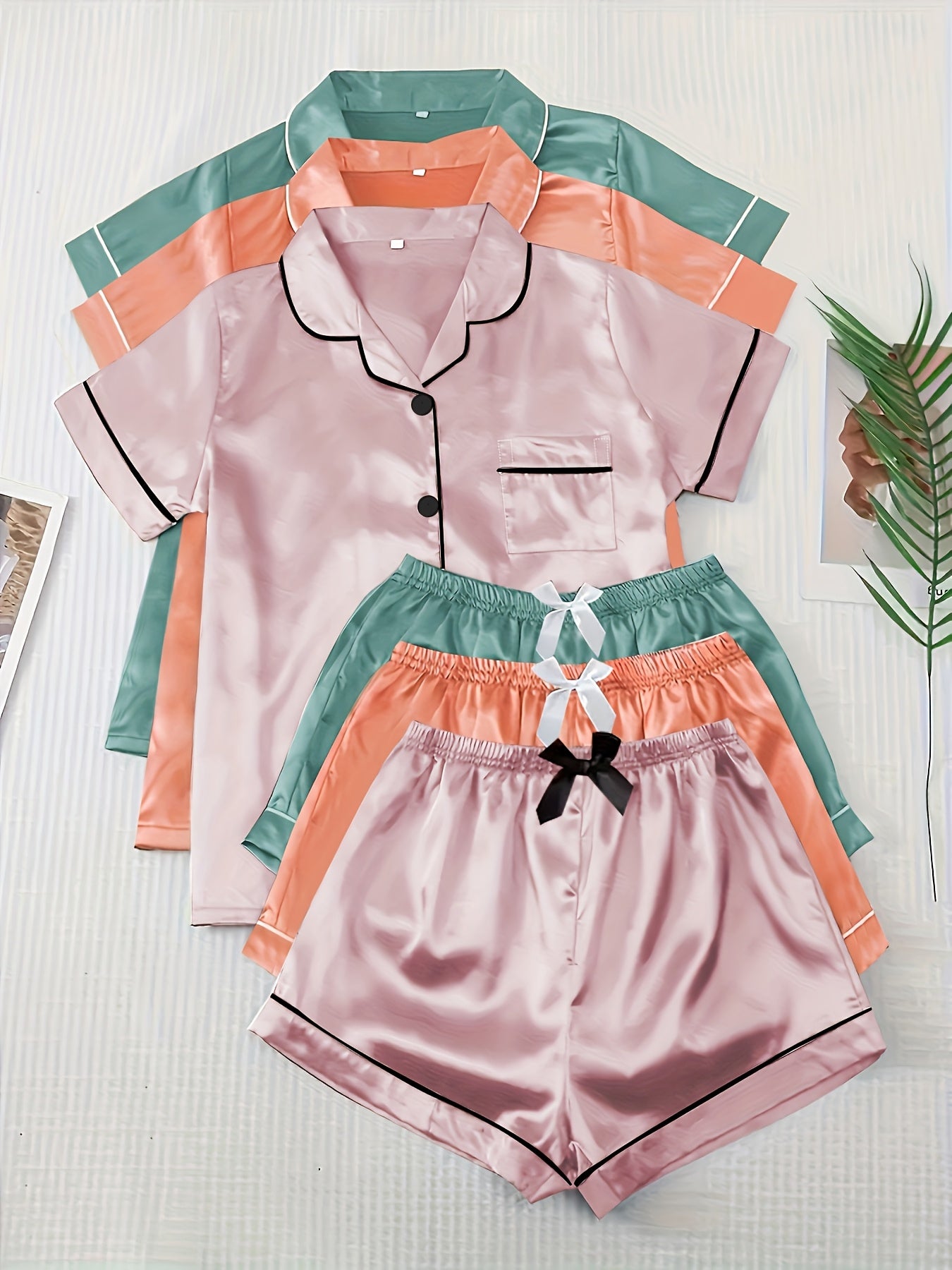3 Sets of Satin Color D Pajamas, Solid Color Casual Set, Short Sleeve Collar Button Top and Bow Shorts, Women's Pajamas and Loungewear