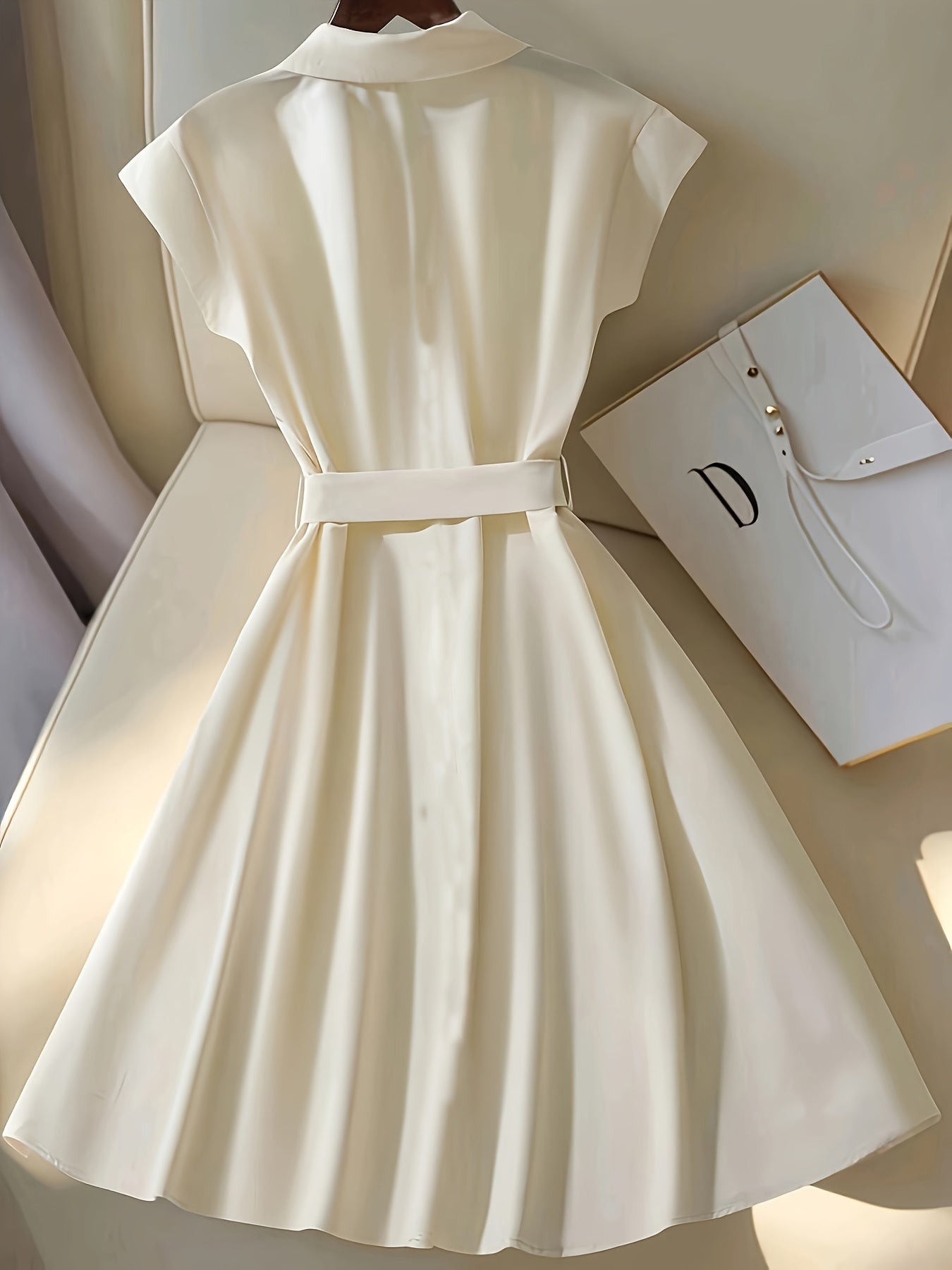 Women'S Elegant Beige Short Sleeve A-Line Shirt Dress with Belt - Polyester, Collared Neck, Perfect for Spring/Summer Casual Wear, Casual Attire|Elegant Collared Dress|Polyester Dres