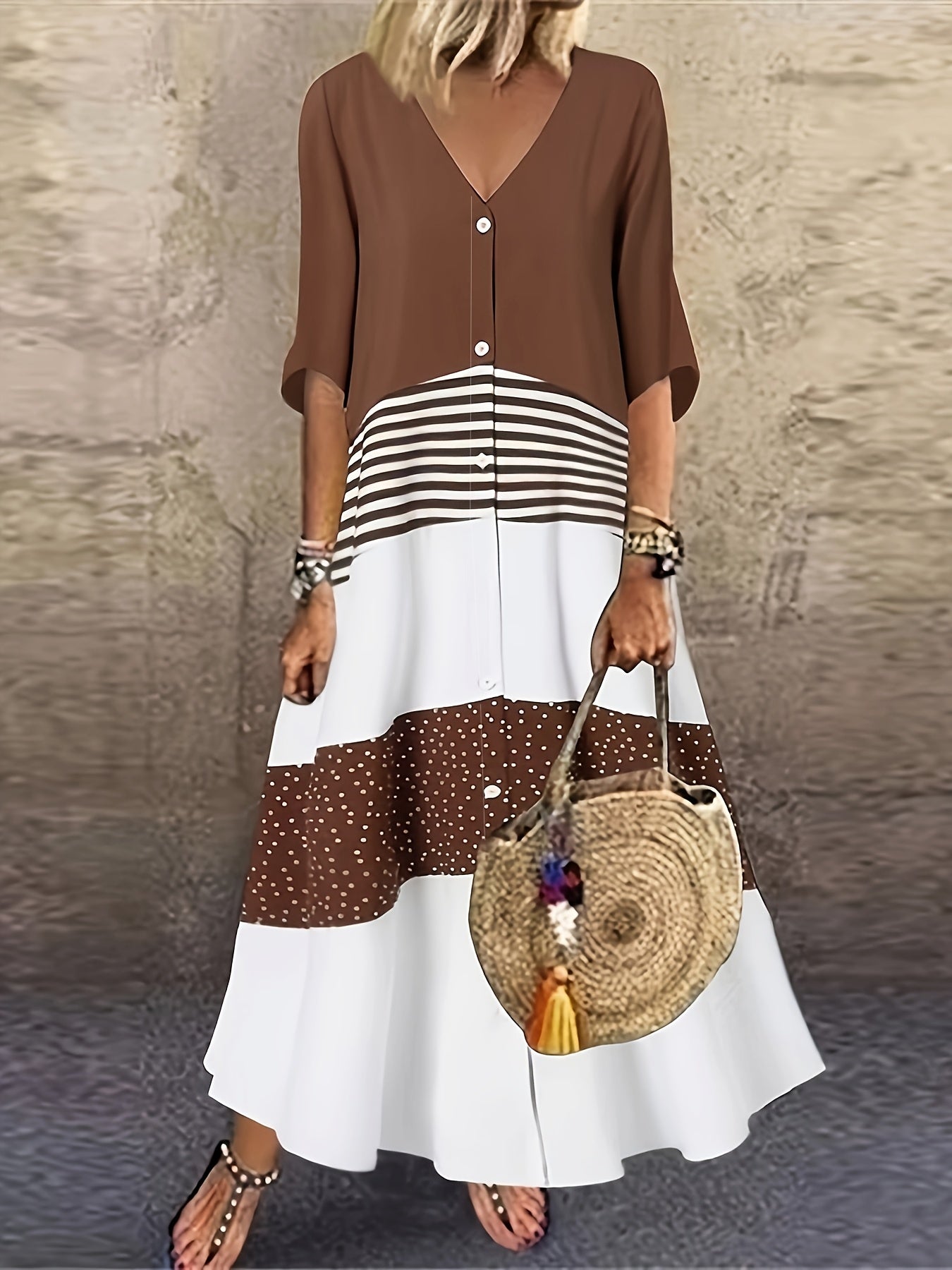 Elegant Color-Block Long Dress with Button Decorations, V-Neck, Three-Quarter Sleeve, and Polka Dot Print - Versatile Casual Dress for All Seasons, Adult, Casual Wear|Vneck Dress|Polyester Fabric