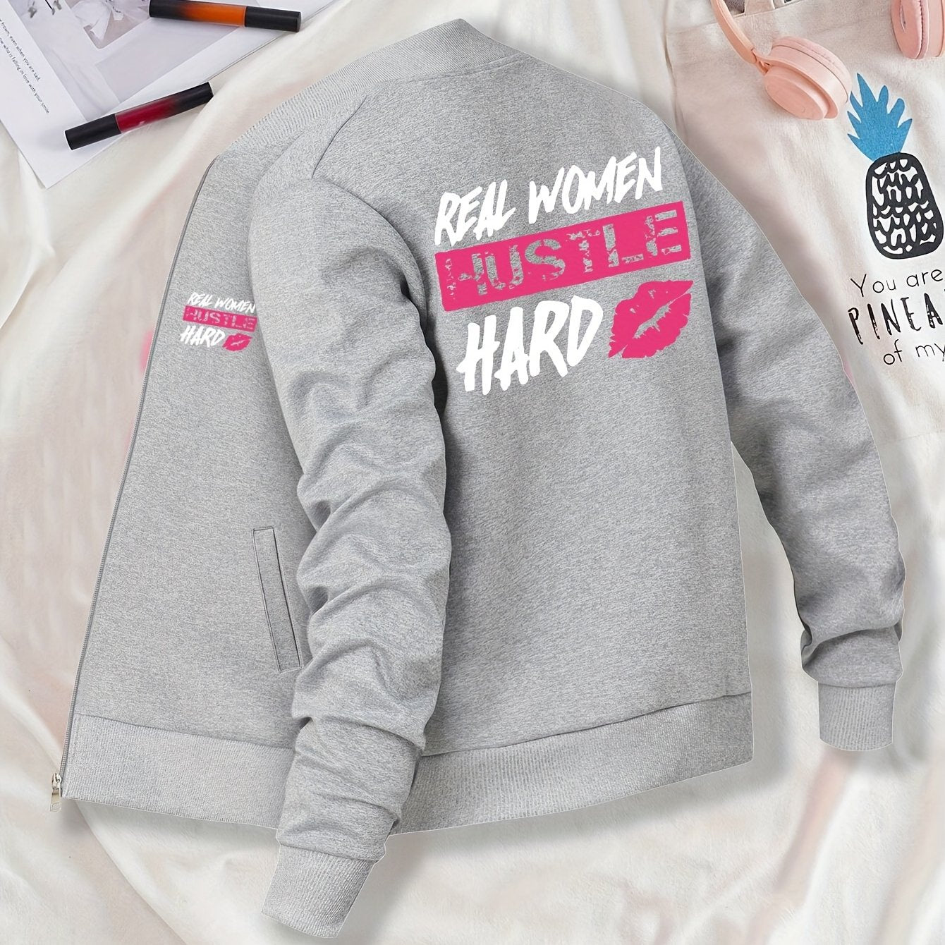 Everyday Comfort, Women's "Real Women Hustle Hard" Casual Bomber Jacket - Mint Green, Long Sleeve, Zip-Up with Pink Lips Graphic, Polyester Blend, Machine Washable, Motivational Apparel|Trendy Bomber Jacket|Smooth Texture Fab